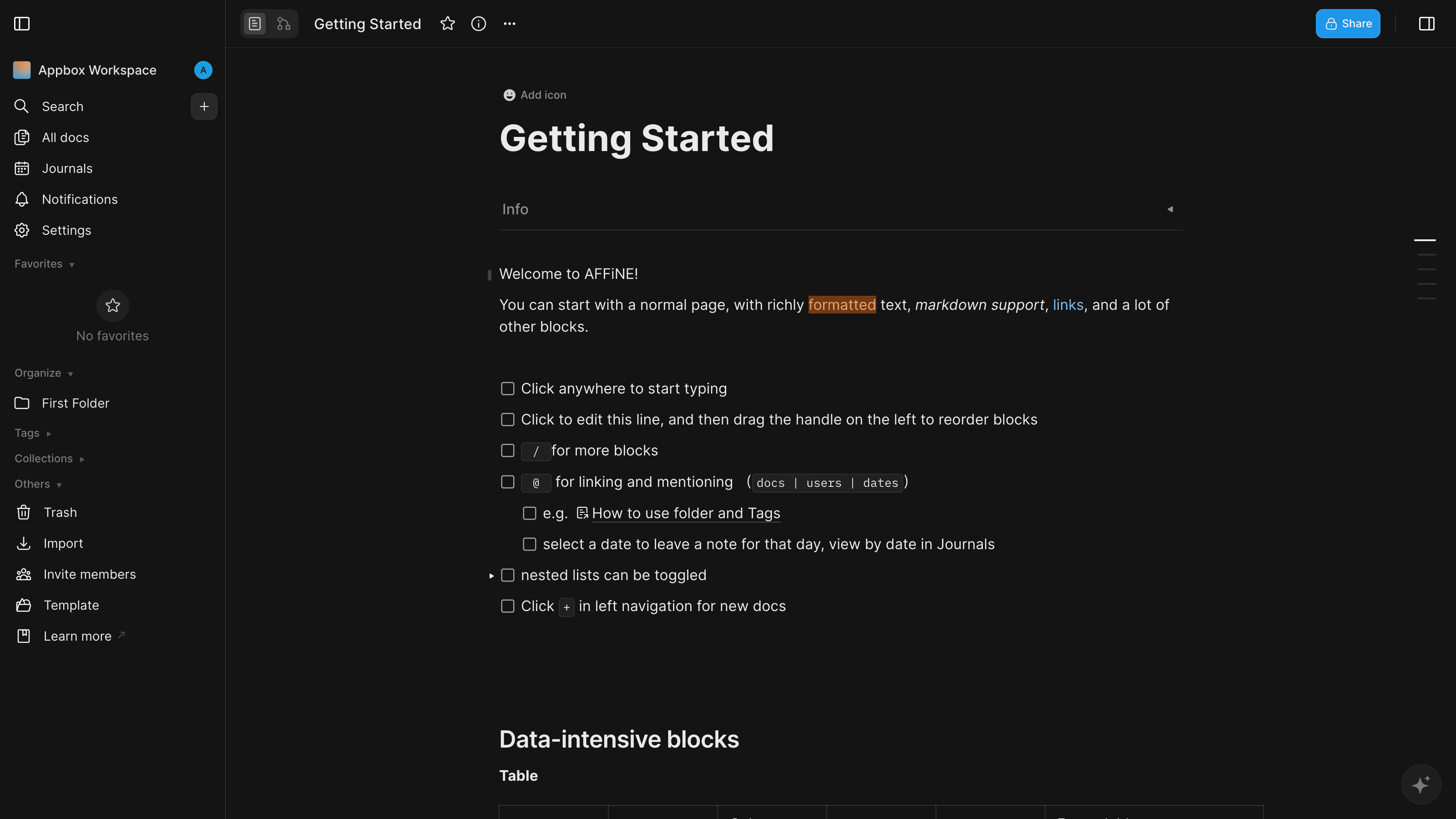 AFFiNE workspace showing a collaborative document alongside the edgeless whiteboard canvas and navigation sidebar