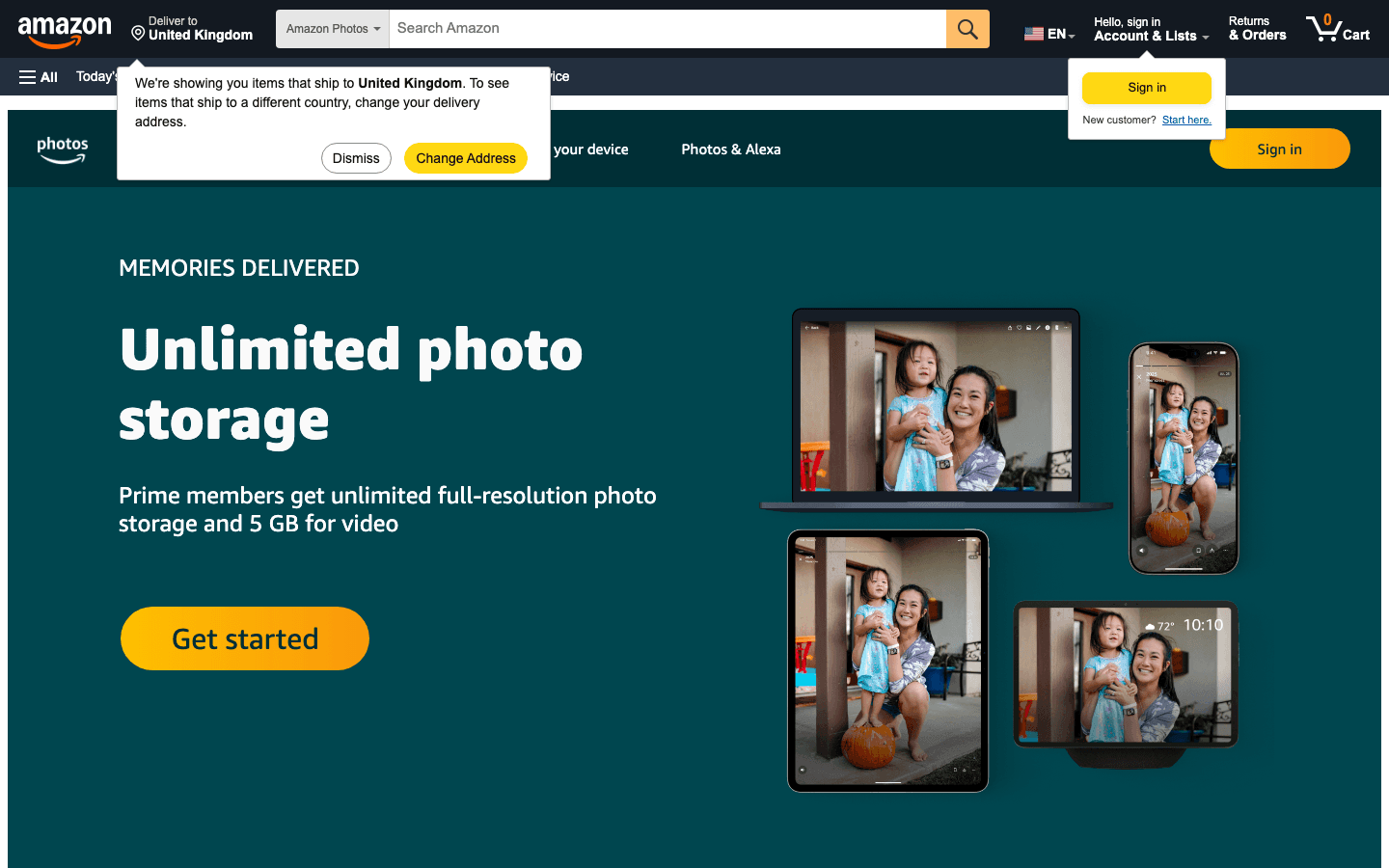 Amazon Photos public product page captured for comparison context