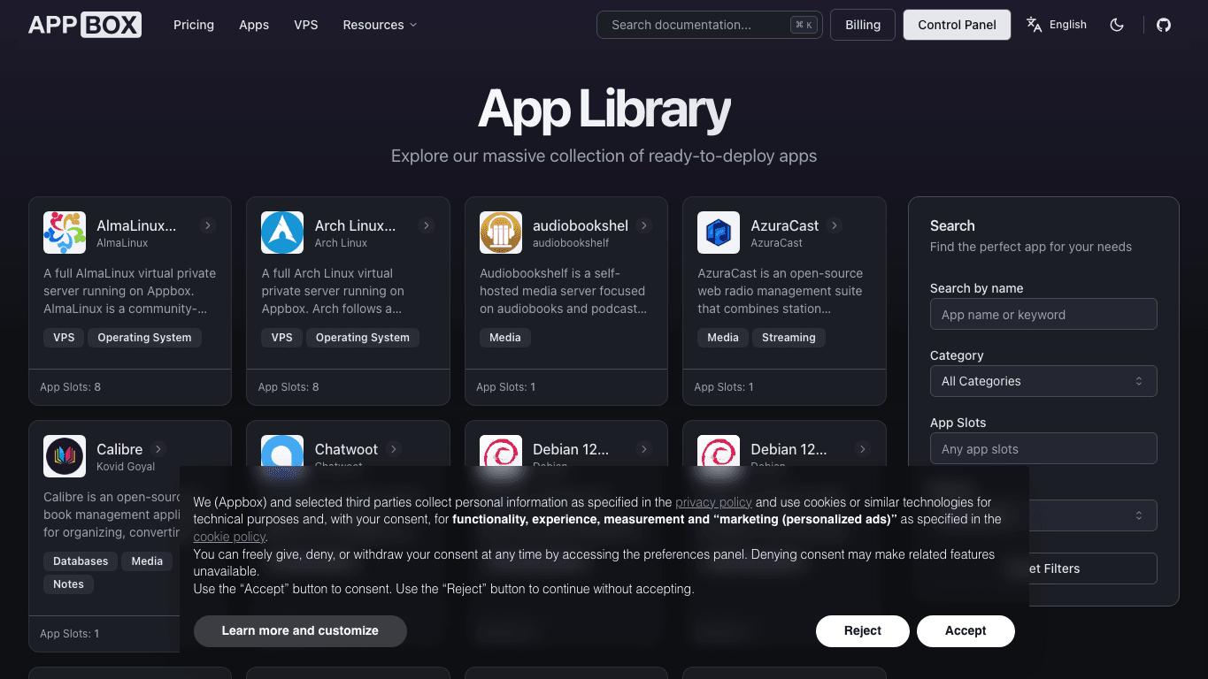 Appbox public apps catalog showing hosted applications available on the platform