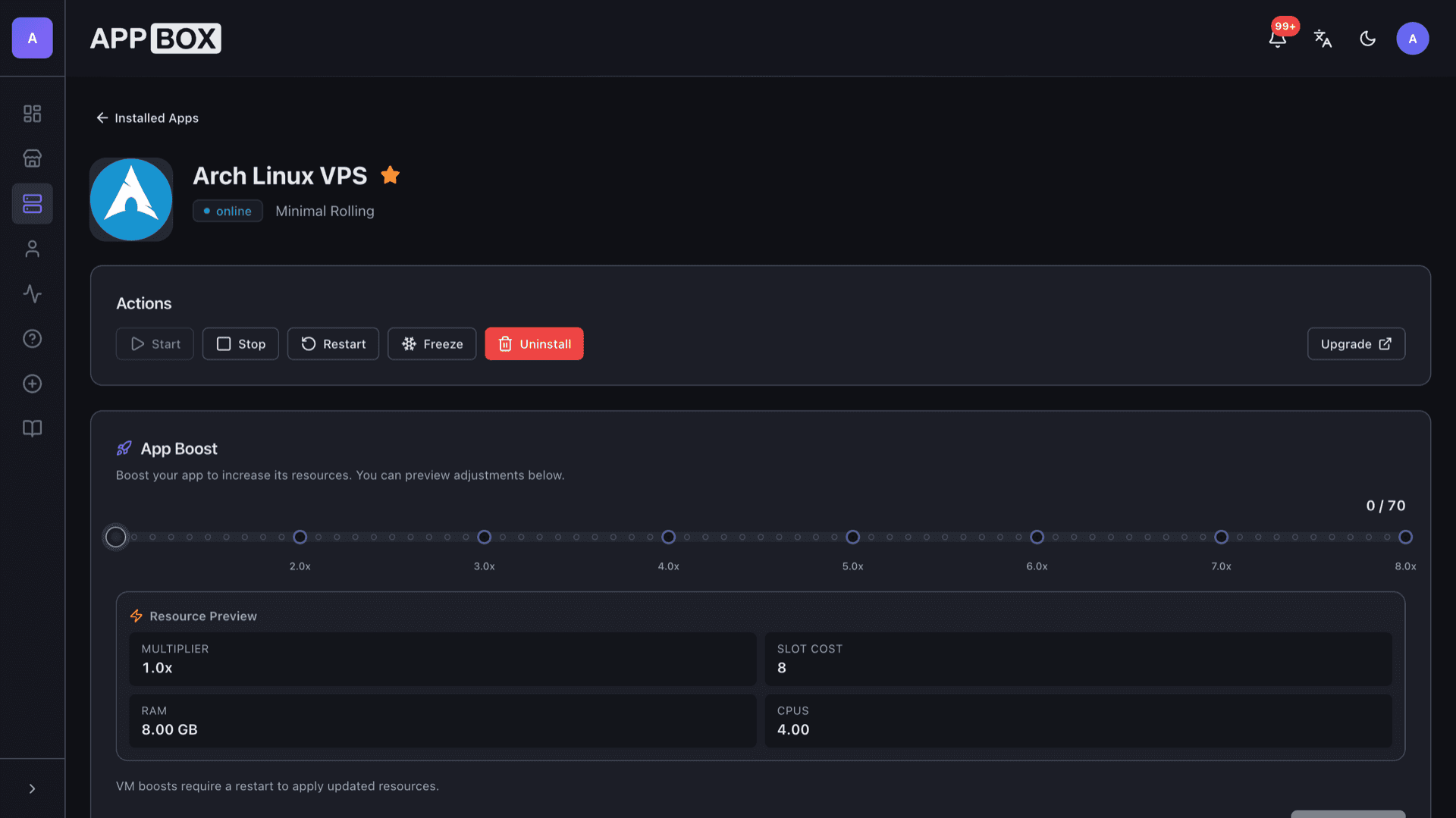 Installed Arch Linux VPS on Appbox: Overview tab with SSH hostname, port, masked passwords, and ssh command copy actions