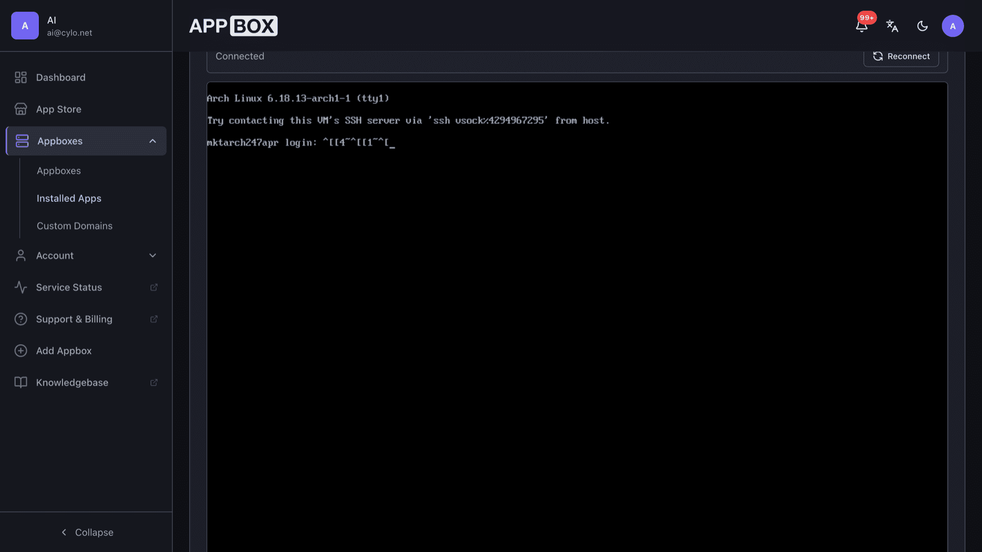 VM web console connected to a running Arch Linux guest showing the login prompt after boot