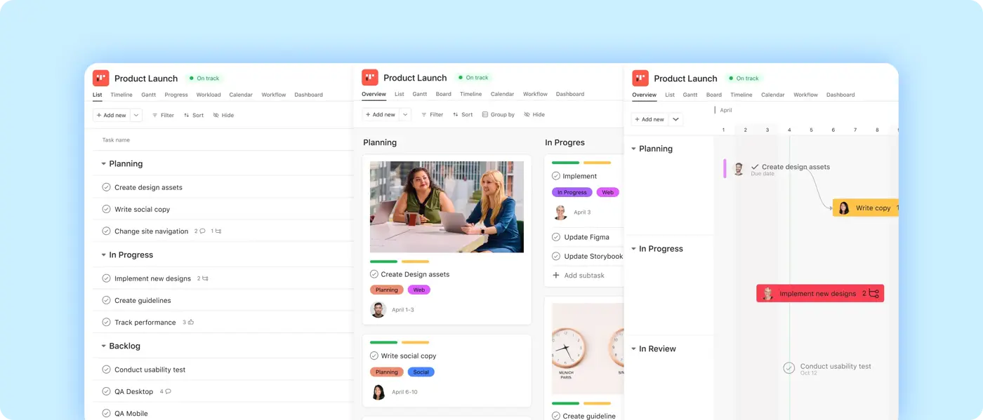 Asana project management interface showing multiple project views and task planning
