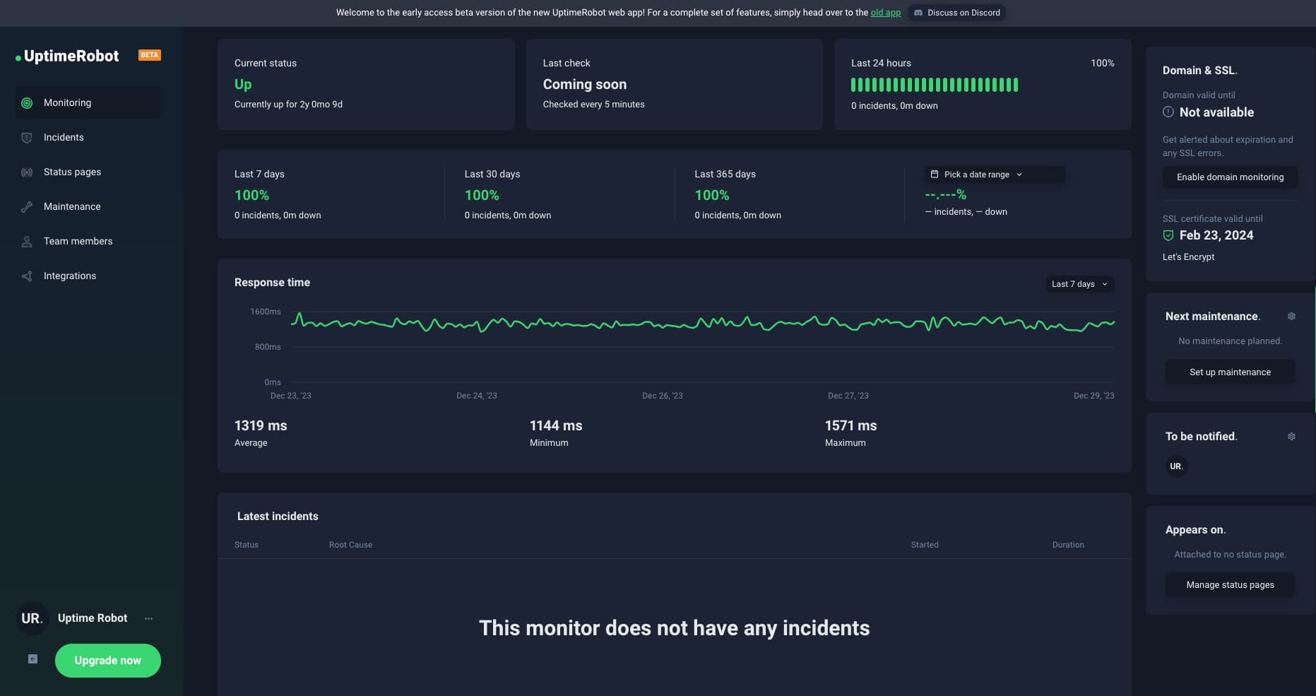 Better Stack uptime monitoring dashboard with incident and monitor status widgets