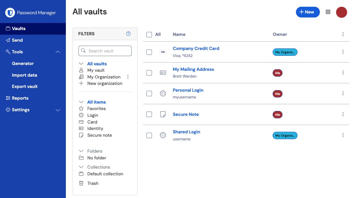 Bitwarden web vault interface showing vault navigation and item details