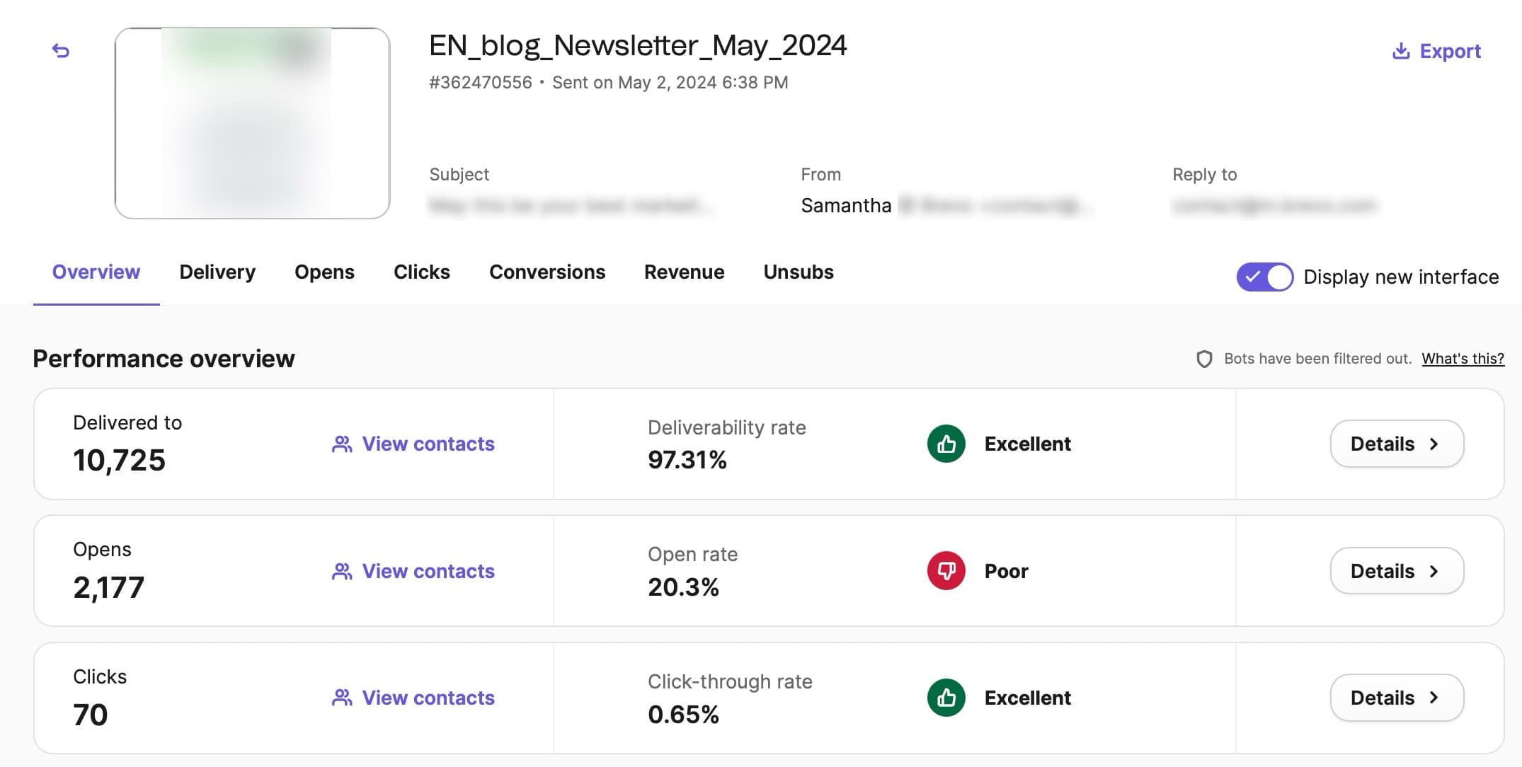 Brevo campaign report interface showing email campaign performance metrics and summary charts