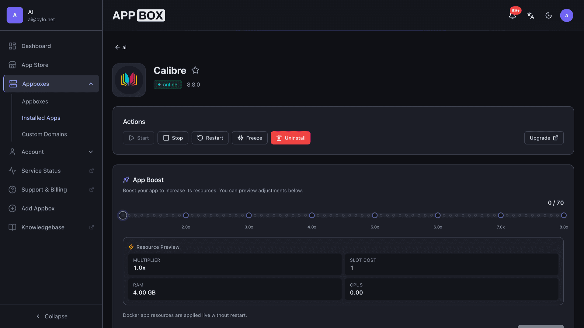 Appbox installed app overview for Calibre showing online status, Calibre-Web and Calibre URLs, and configuration fields