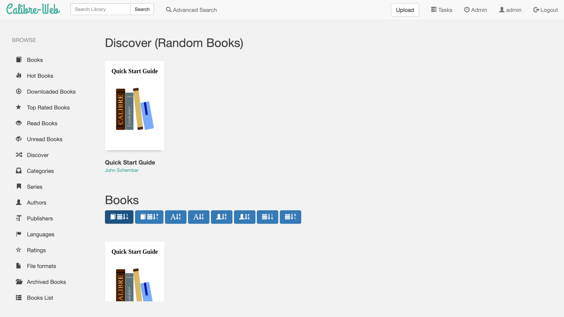 Calibre-Web books view with browse sidebar and library content