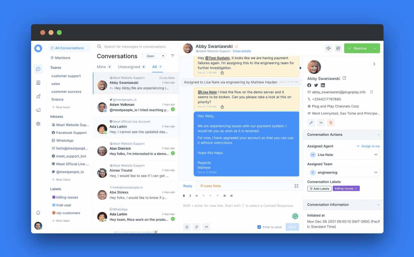 Chatwoot dashboard showing customer conversations, inbox views, and support activity