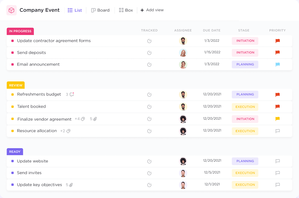 ClickUp list view showing tasks, statuses, assignees, priorities, and dates