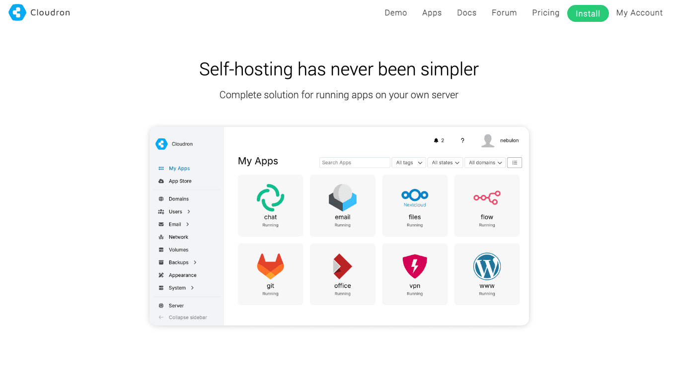 Cloudron public platform page captured for comparison context
