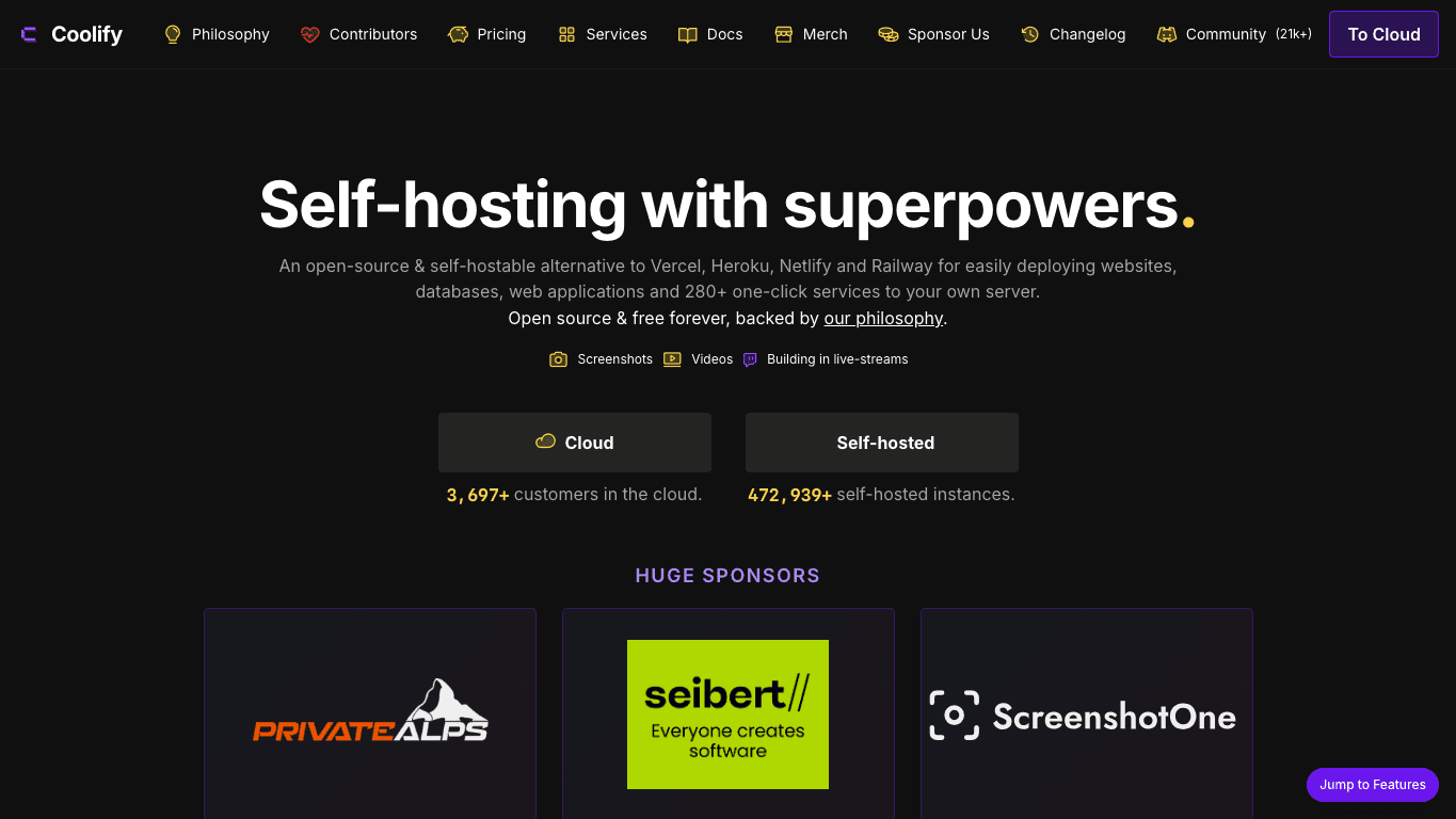 Coolify public platform page captured for comparison context