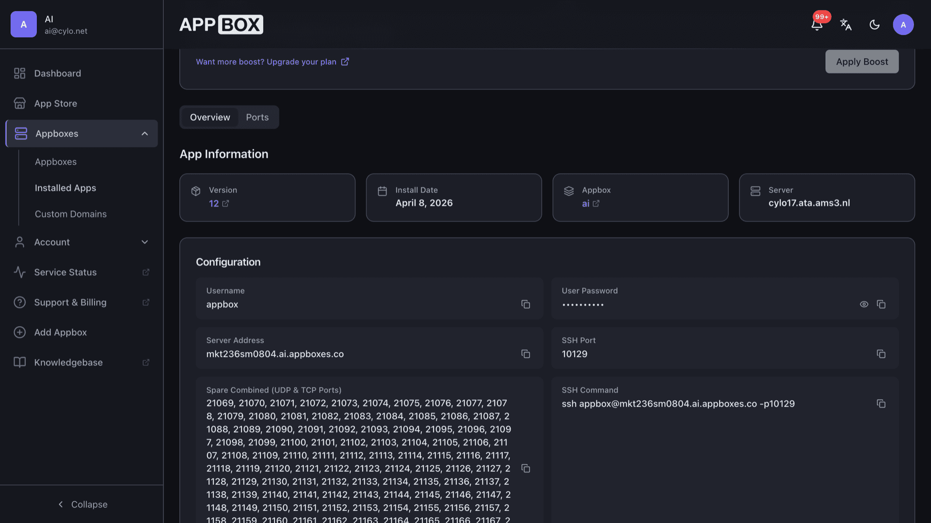 Installed Debian 12 Minimal (small) on Appbox: Configuration with username appbox, masked password, server address, SSH port, spare ports, and copy-ready ssh command
