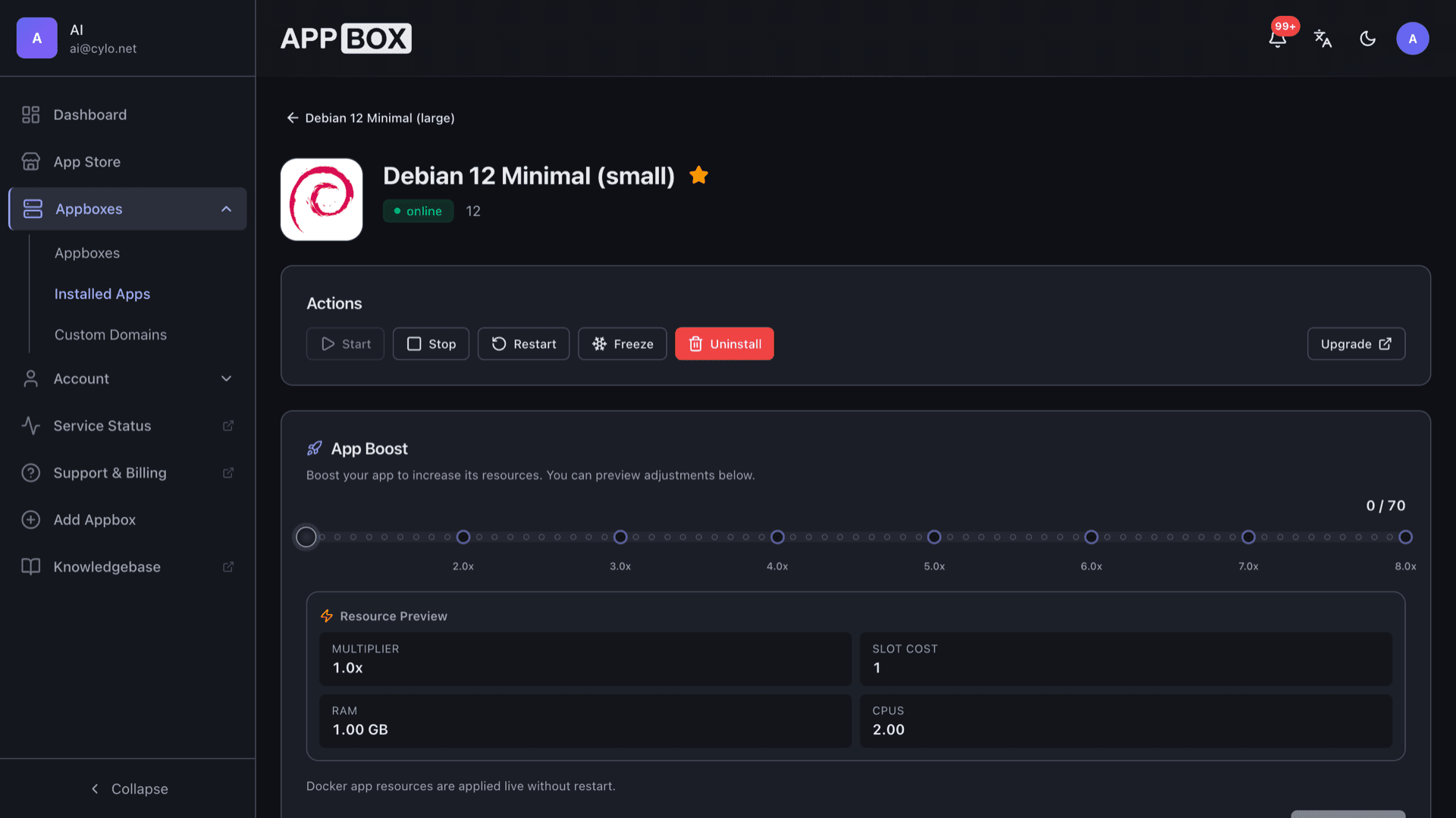 Installed Debian 12 Minimal (small) showing online status, Actions, App Boost slider, and note that Docker app resources apply live without restart