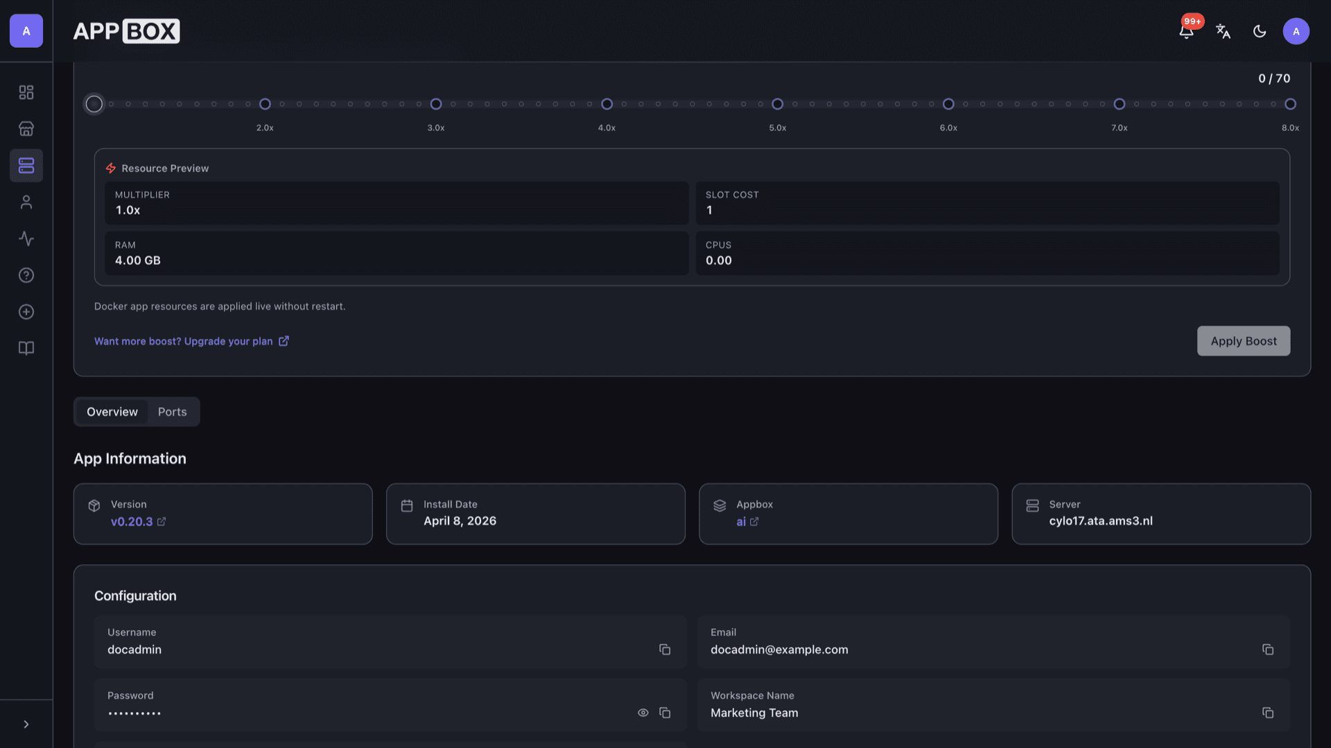 Installed Docmost app on Appbox showing version, Appbox, server, and Configuration with username, email, workspace name, and URL