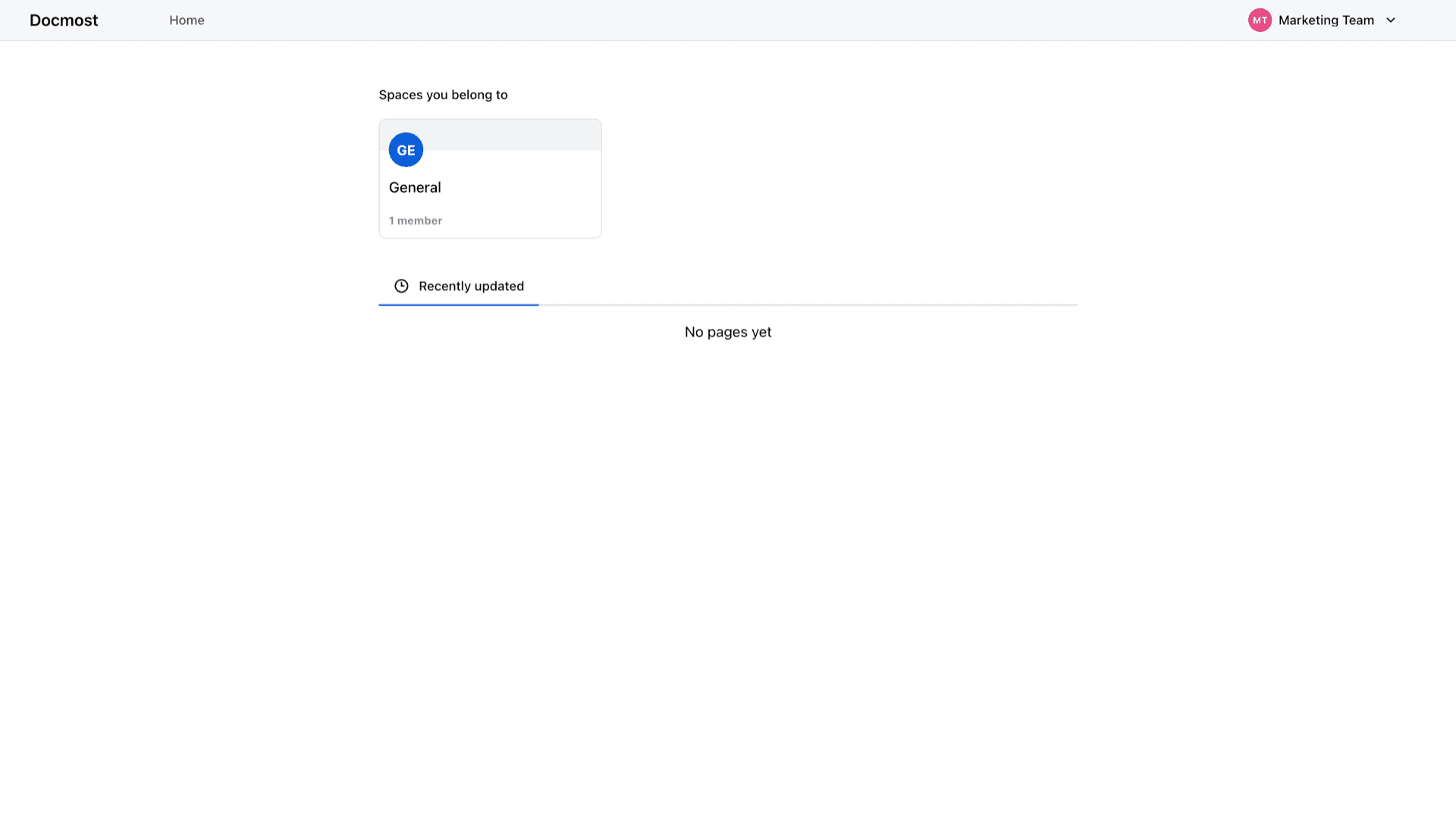 Docmost Home after sign-in with Marketing Team workspace, General space card, and Recently updated tab