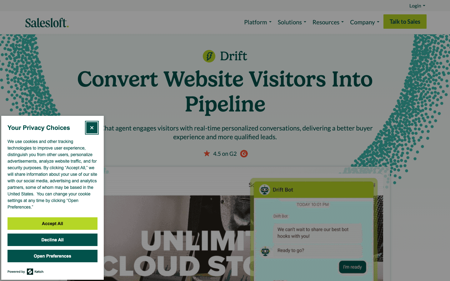 Salesloft Drift public product page captured for comparison context