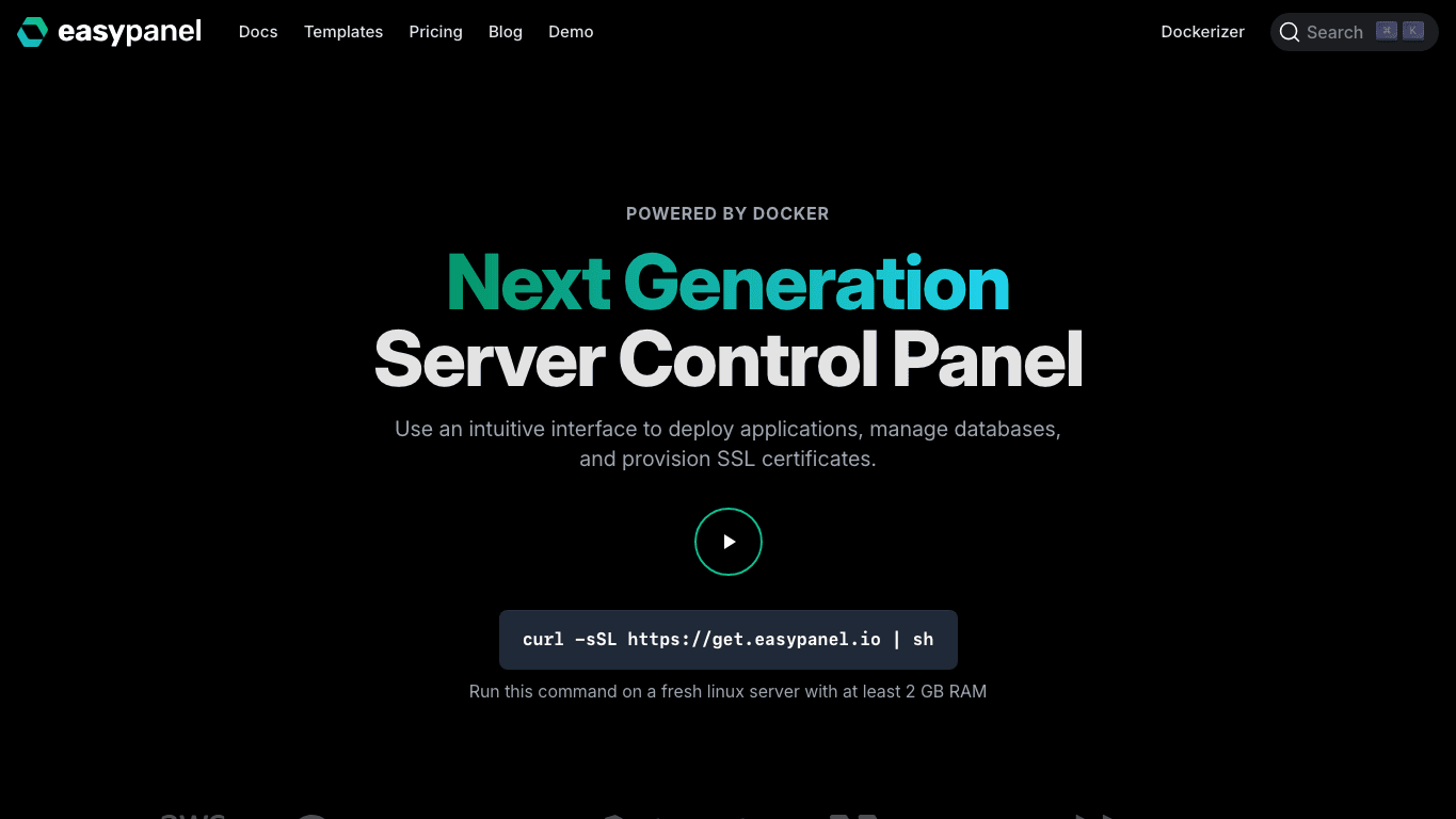 Easypanel public platform page captured for comparison context