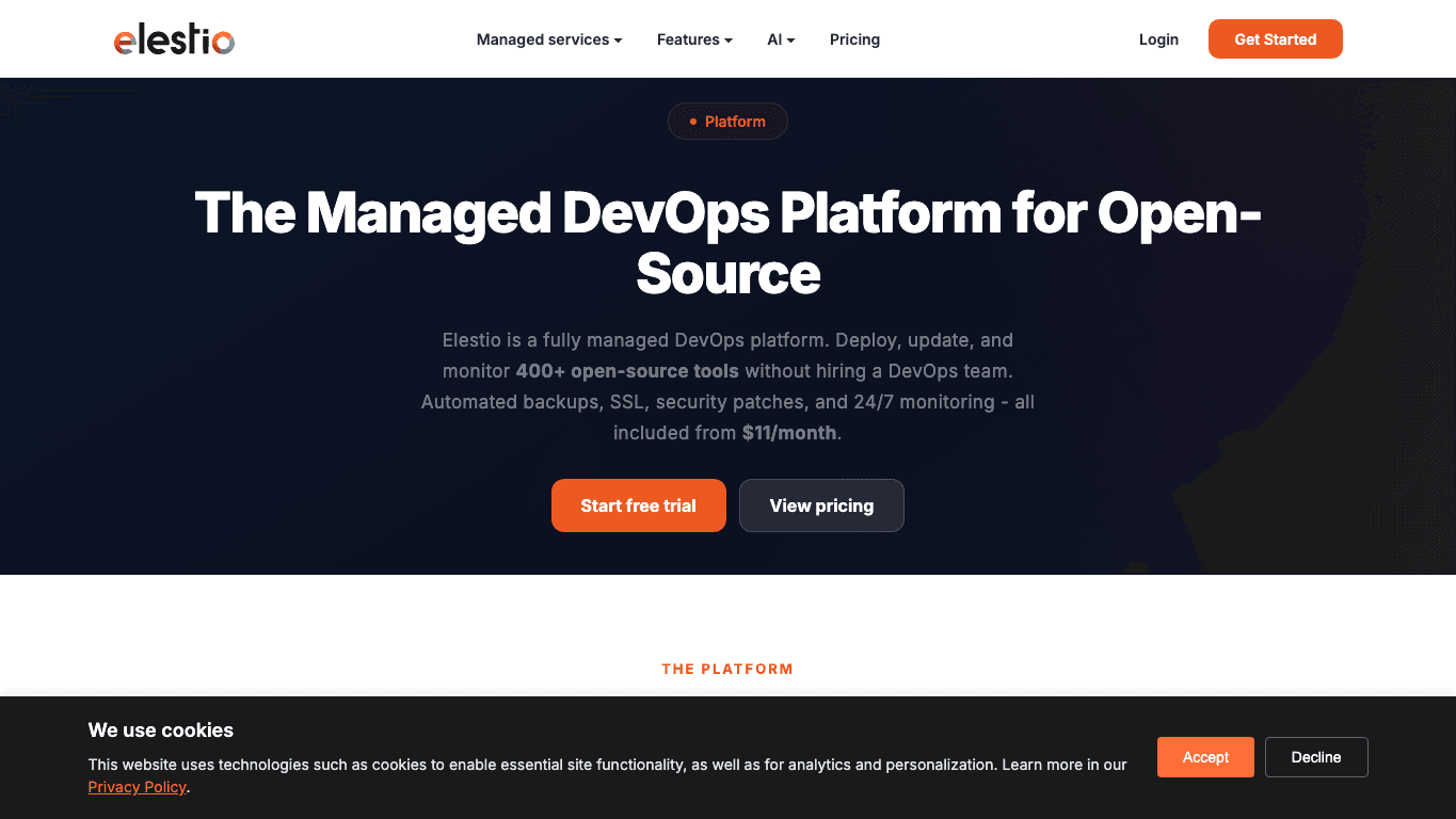 Elestio public platform page captured for comparison context