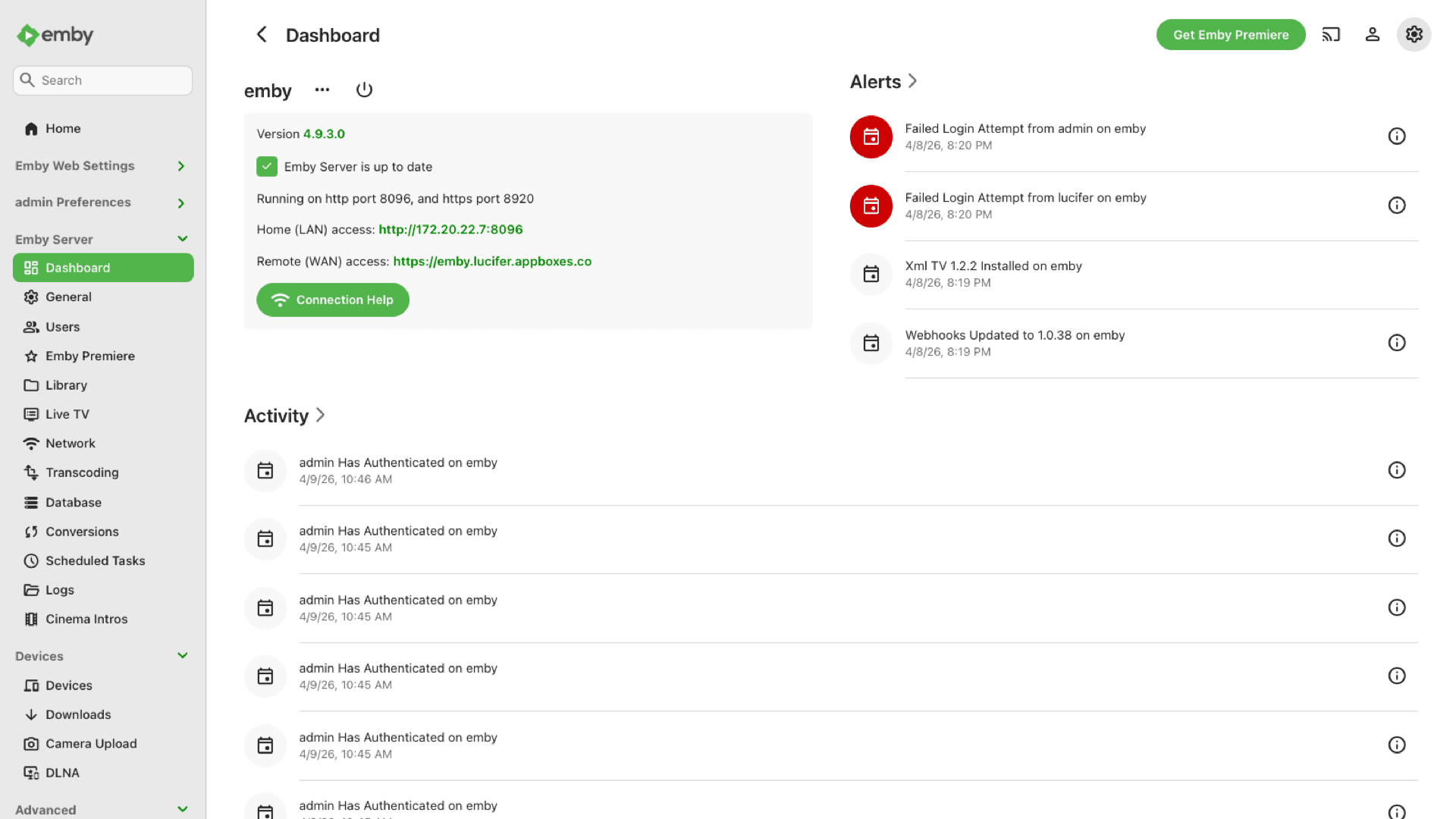 Emby Server dashboard showing version, remote HTTPS URL on appboxes.co, status, alerts, and recent activity