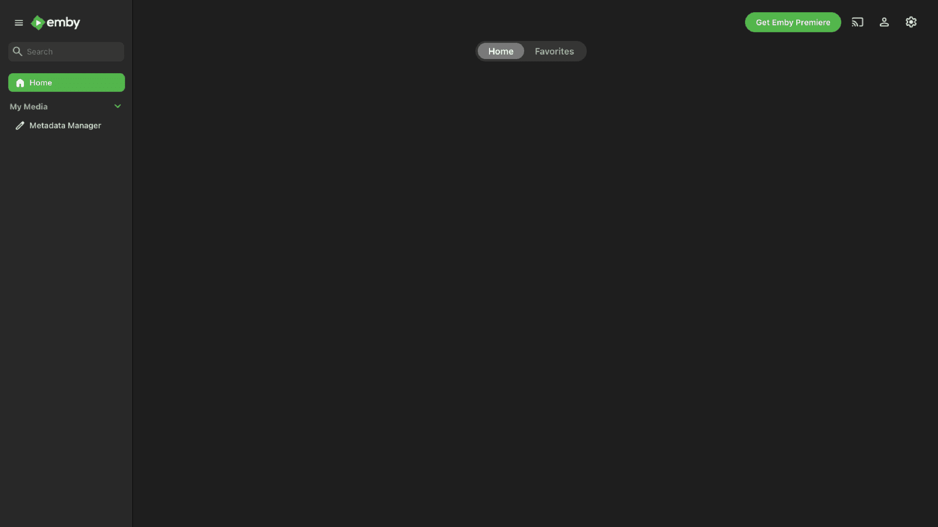 Emby web app home after sign-in with sidebar, search, and Home tab on a dark theme