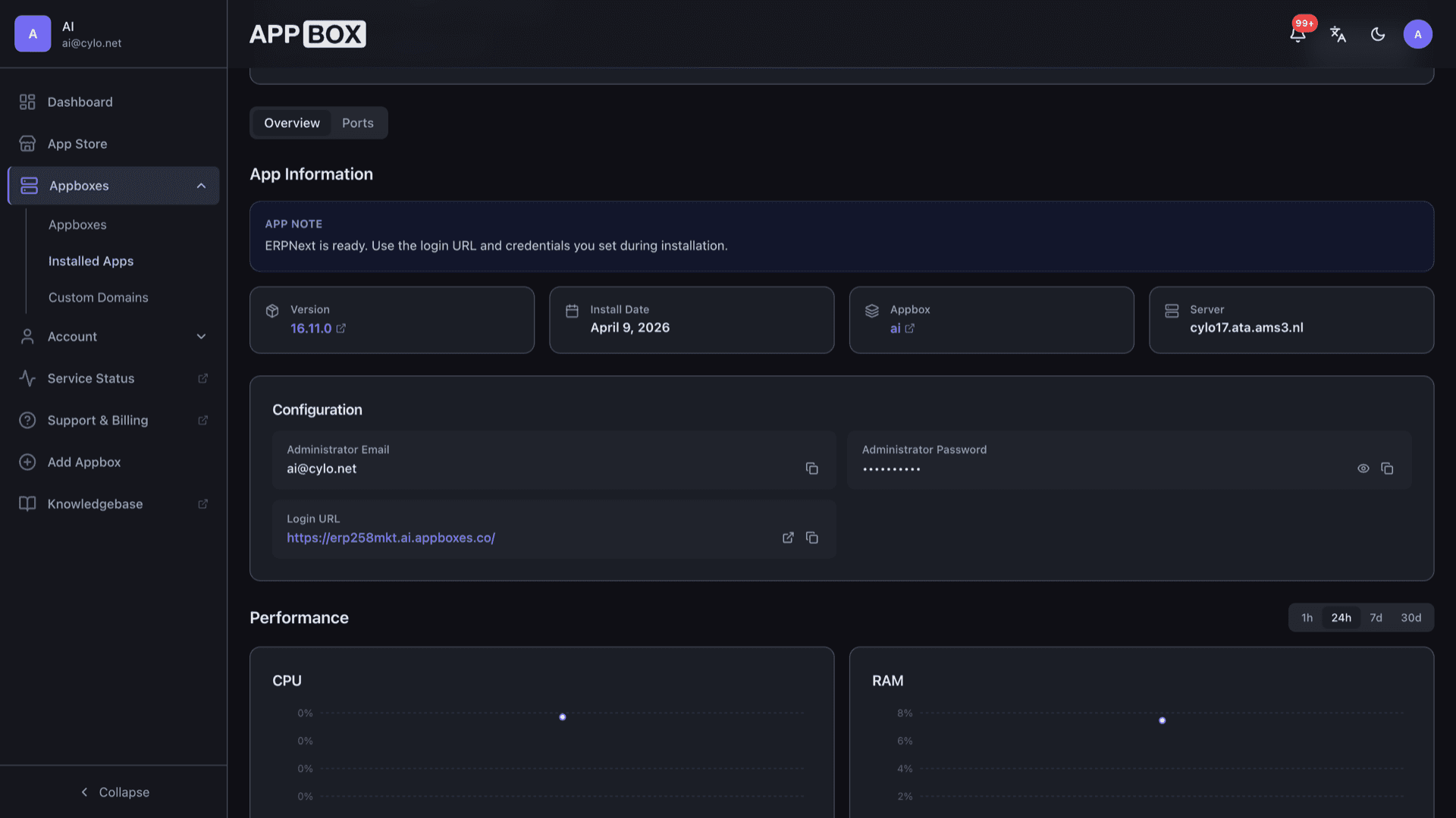 Appbox installed app Overview for ERPNext showing version, Login URL, and Configuration with administrator email and masked password