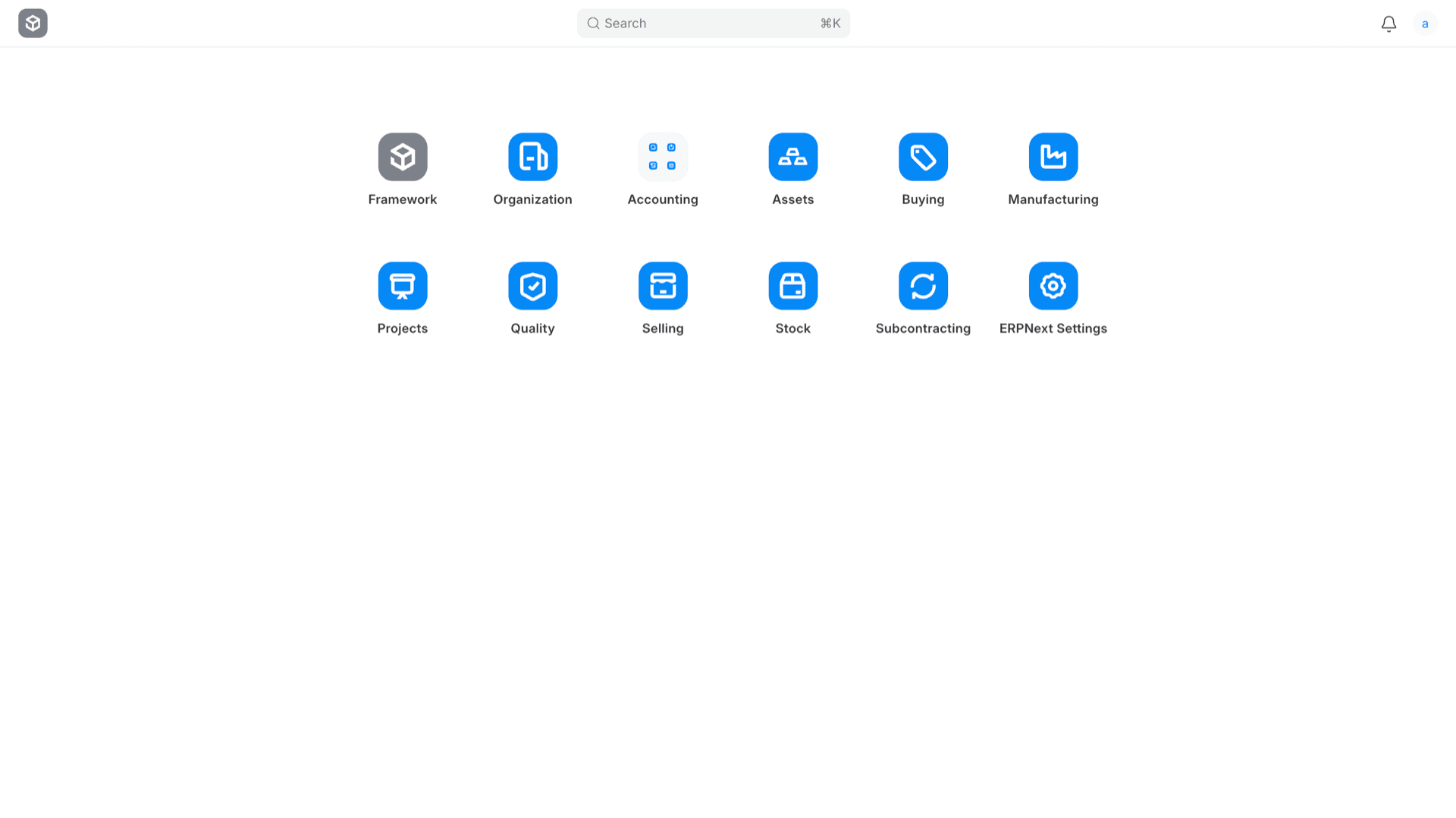 ERPNext Desk home after sign-in with module icons for Accounting, CRM, Stock, Projects, and Settings