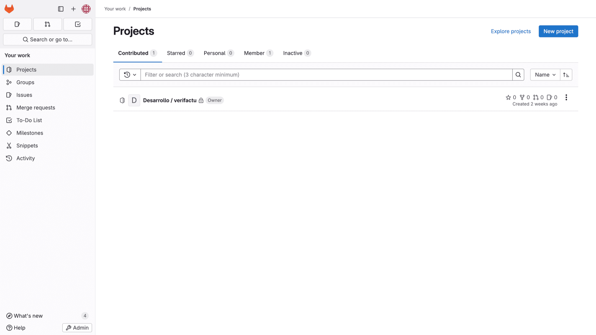 GitLab projects list after sign-in showing sidebar navigation, search, and contributed repositories