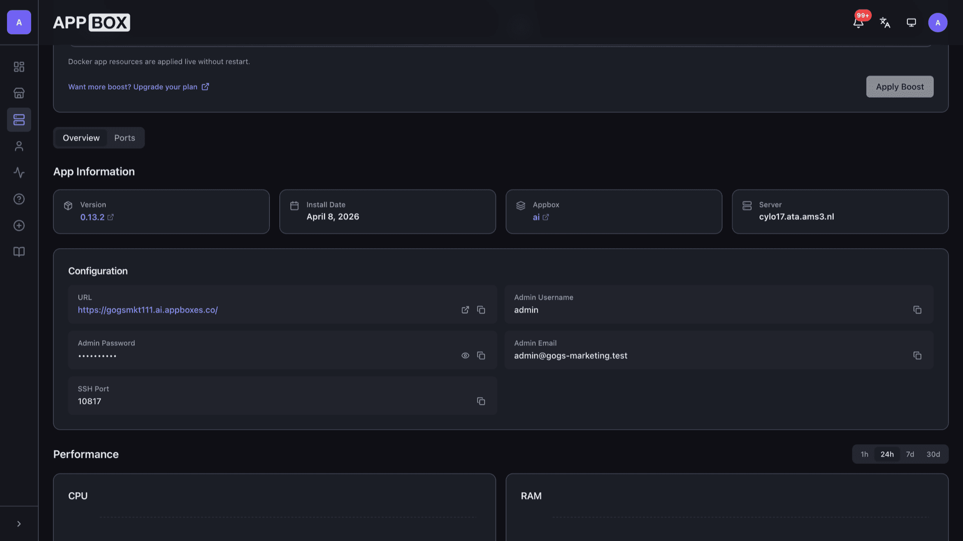 Appbox installed app overview for Gogs showing online status, Web UI URL, and configuration fields including admin username and SSH port
