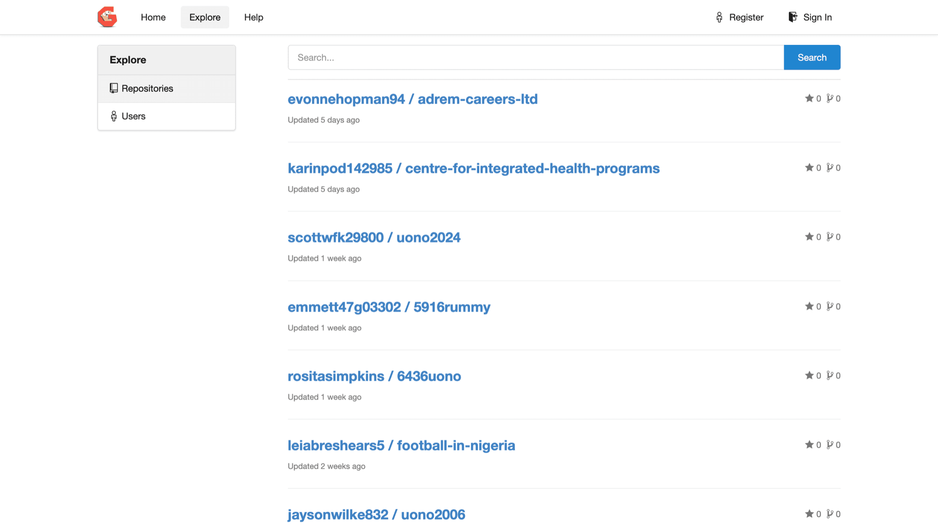 Gogs Explore repositories list with search, owner and repo names, and last-updated timestamps