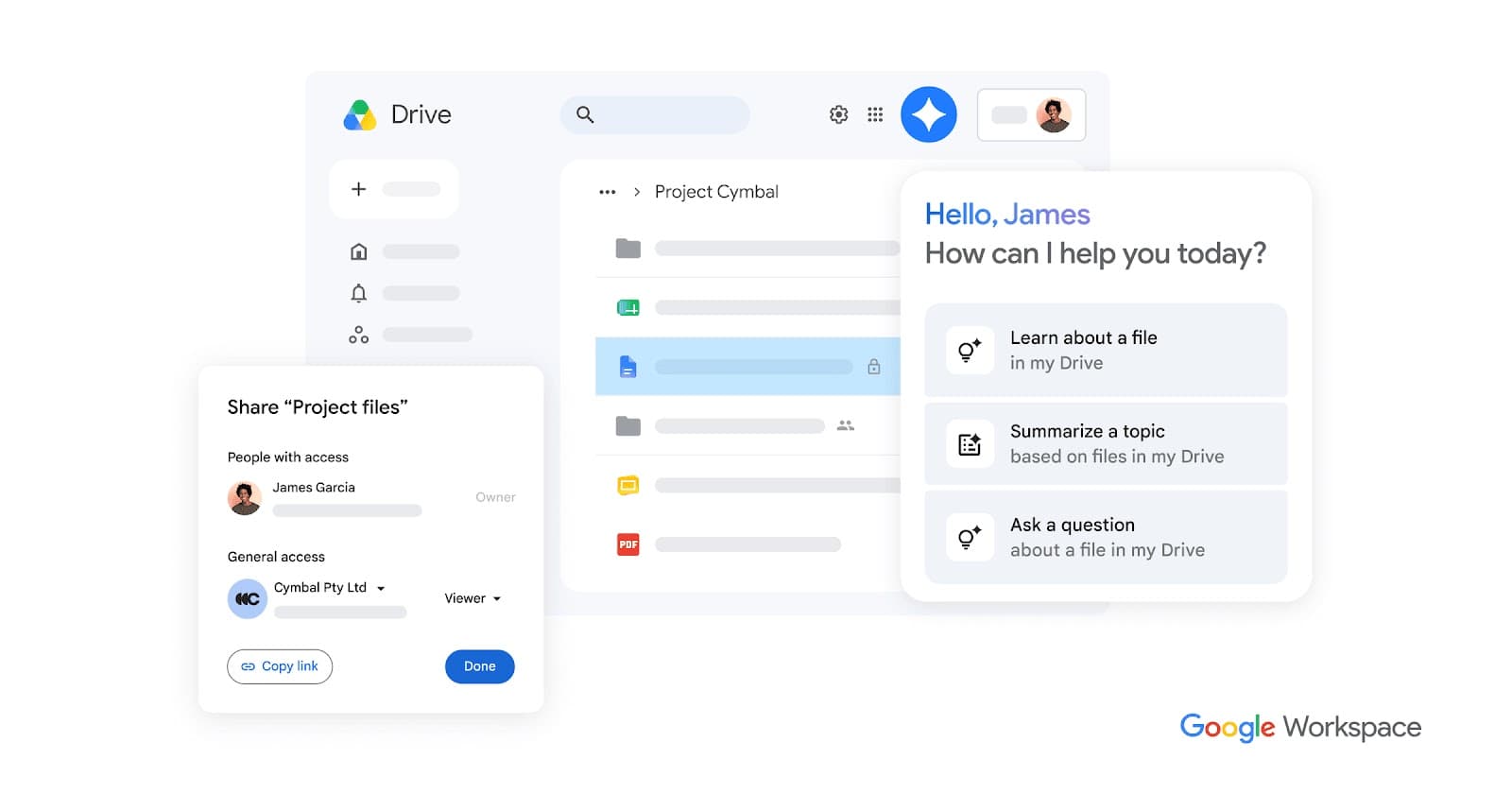 Google Drive web interface showing files and folders in a Workspace Drive view