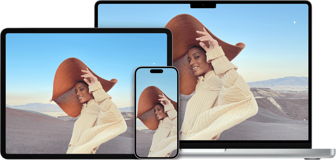 iCloud Photos shown across Apple devices with synced photo libraries