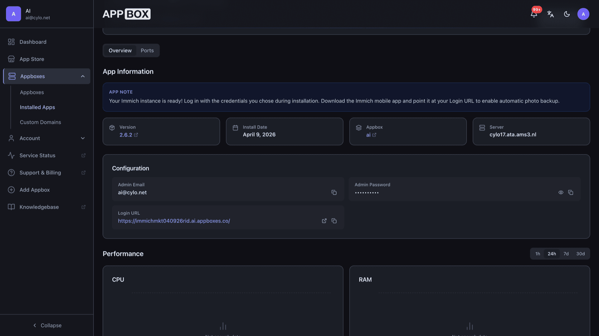 Appbox installed app Overview for Immich showing version, Appbox name, Login URL, and Configuration credentials