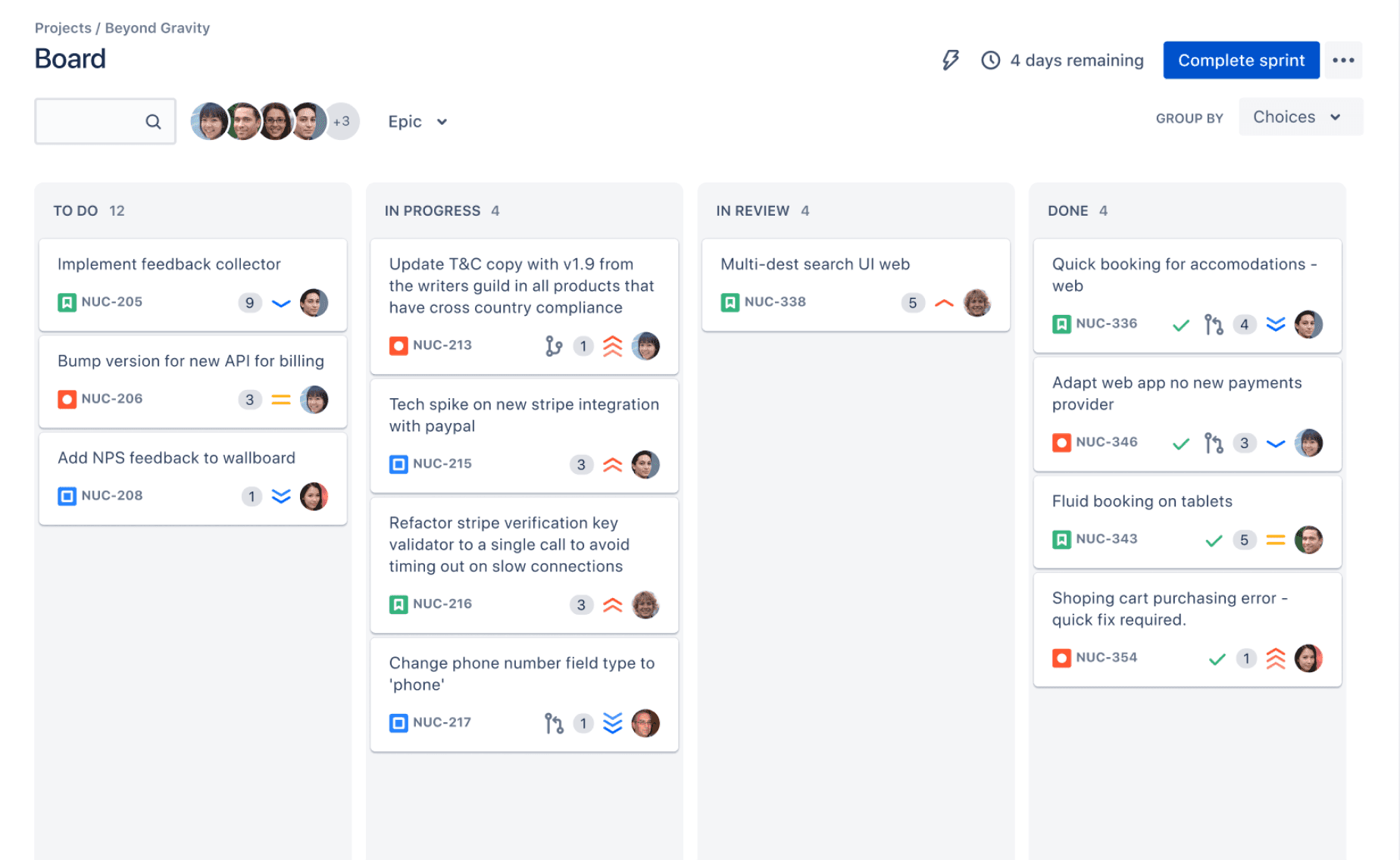 Jira scrum board showing issues arranged across agile workflow columns