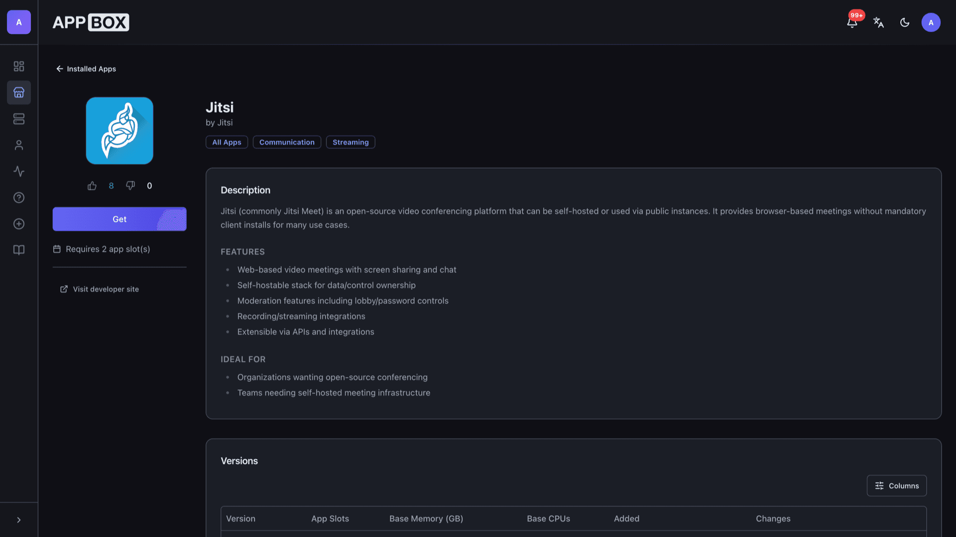 Appbox App Store page for Jitsi showing description, Get button, categories, and versions table
