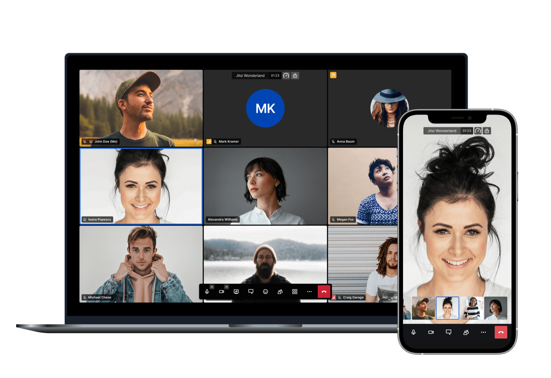 Jitsi Meet in-meeting view with video tiles, toolbar, and filmstrip (official upstream readme visual)