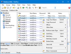 KeePass desktop password manager main window showing grouped entries
