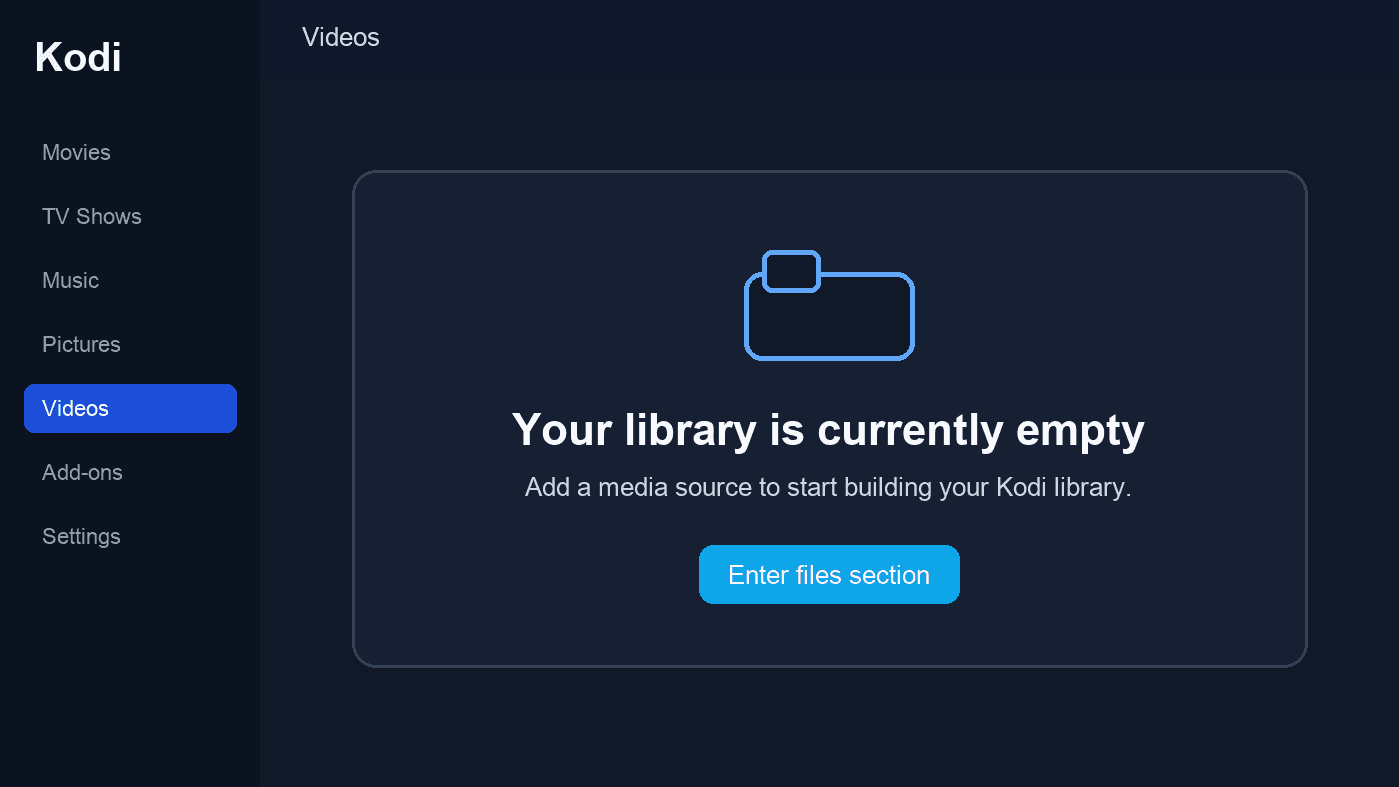 Kodi empty library interface with an Enter files section prompt and no media artwork