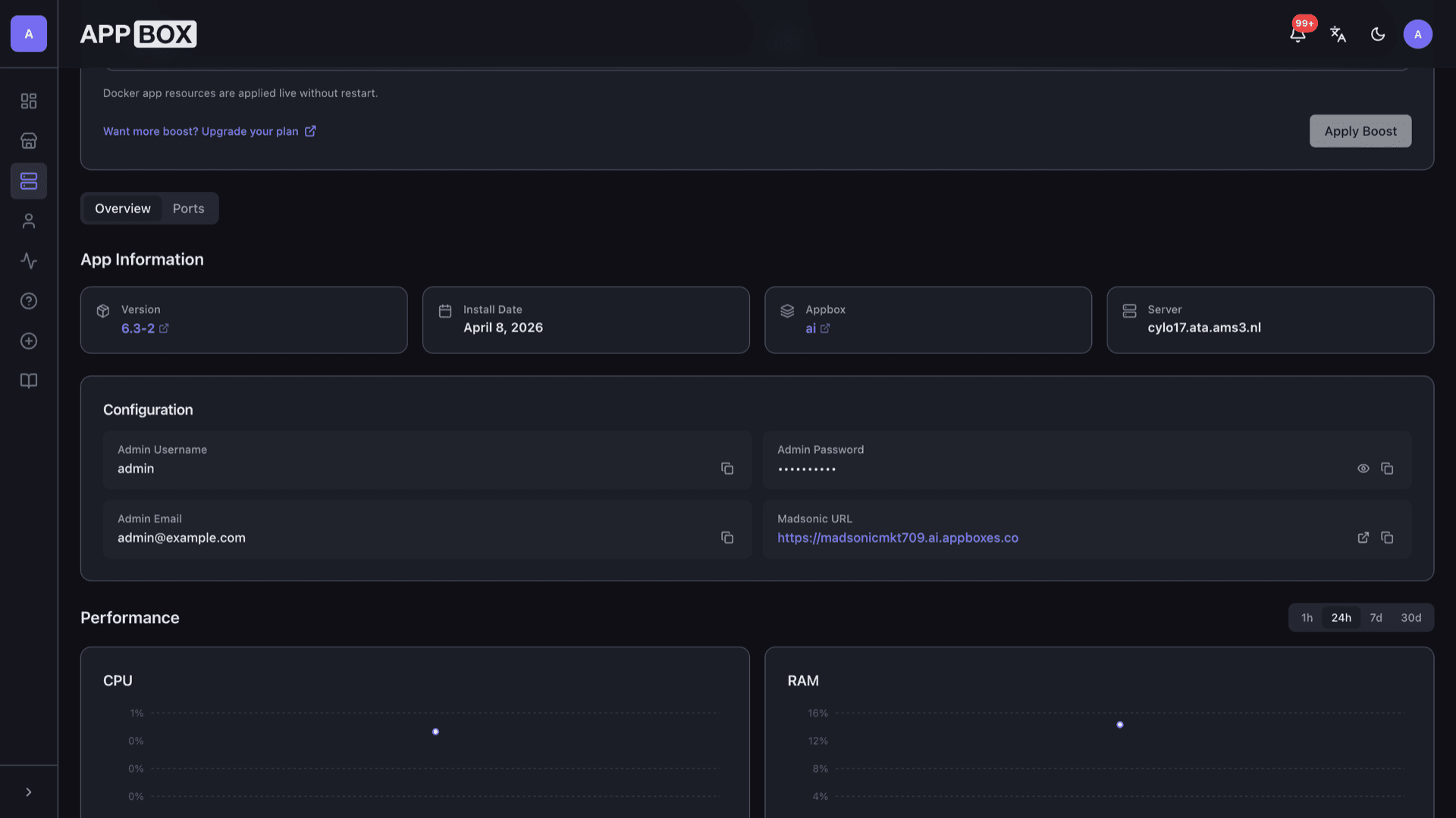Appbox installed app Overview for Madsonic showing version, server, URL, and masked admin configuration