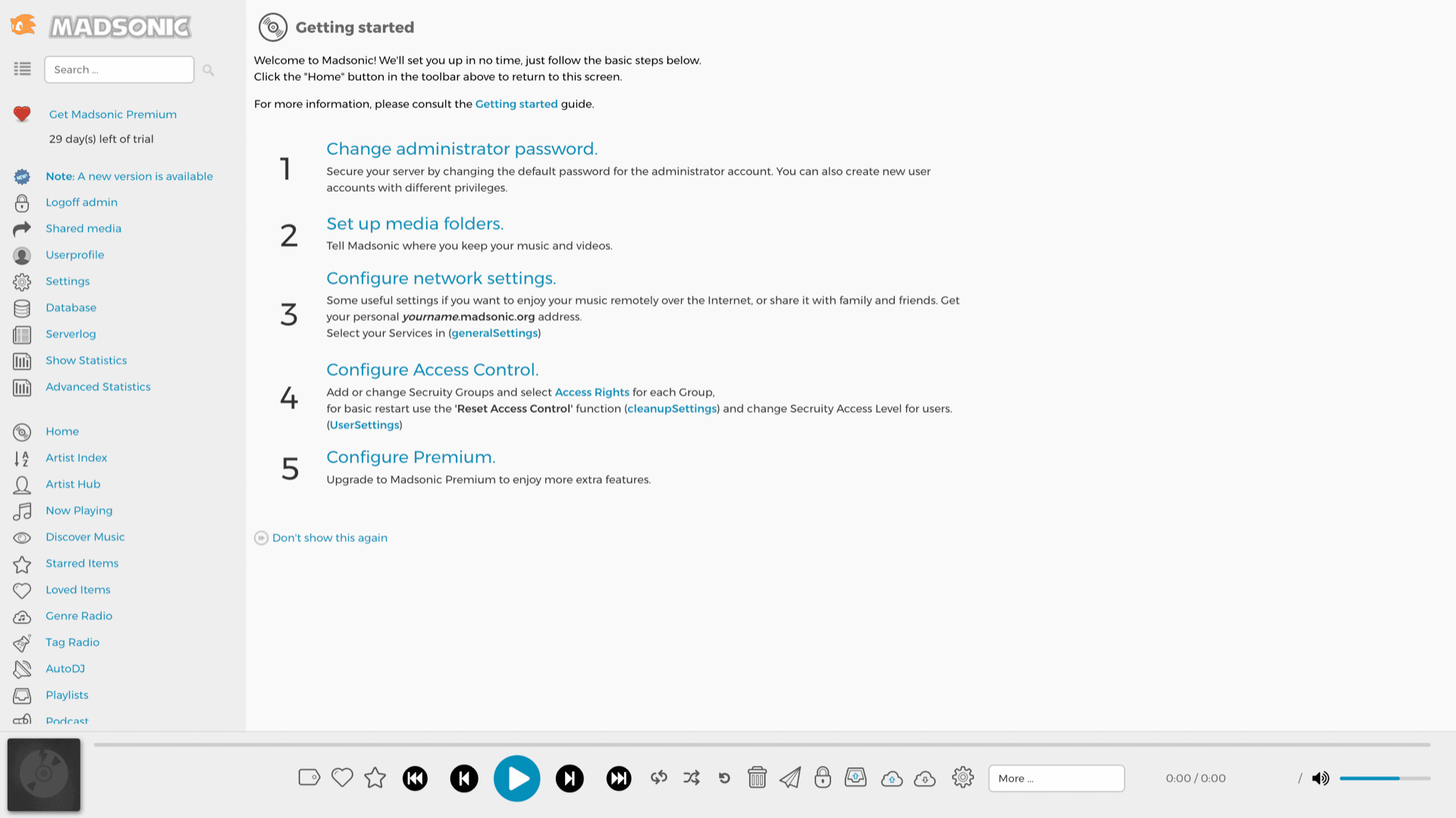 Madsonic web UI Getting started page after sign-in with sidebar navigation and playback bar
