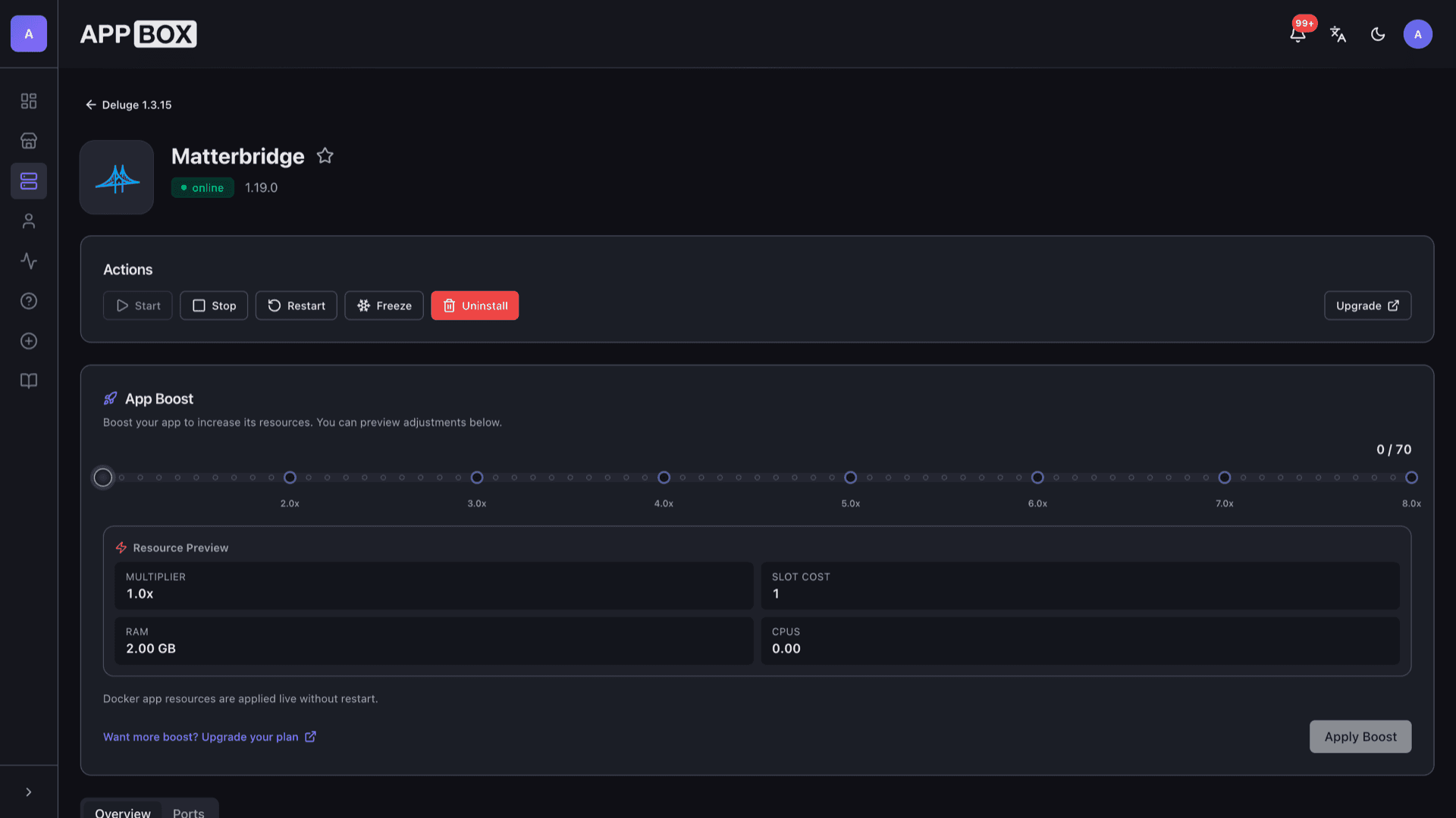 Appbox installed app overview for Matterbridge showing online status, version 1.19.0, actions, and App Boost resources
