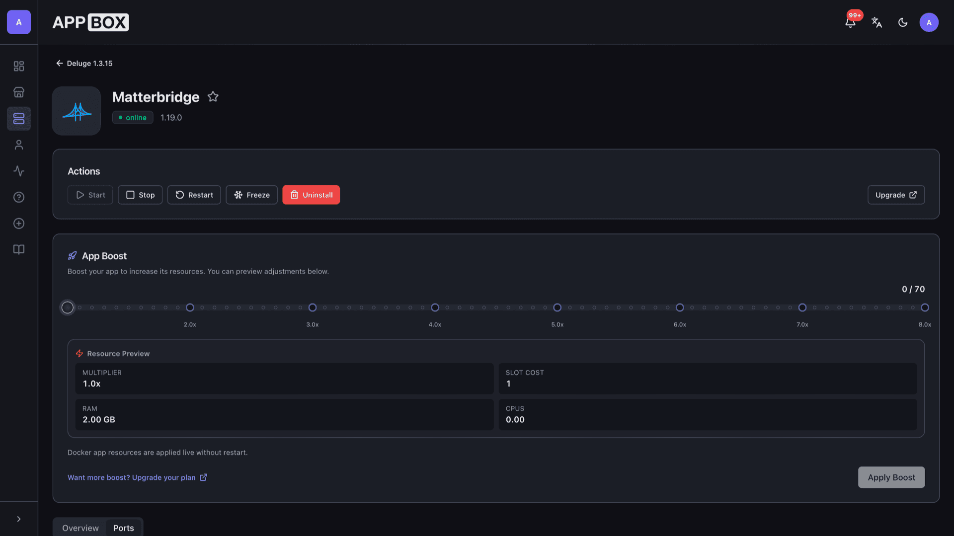 Appbox Ports tab for Matterbridge with no rows, showing the relay runs without a published browser port