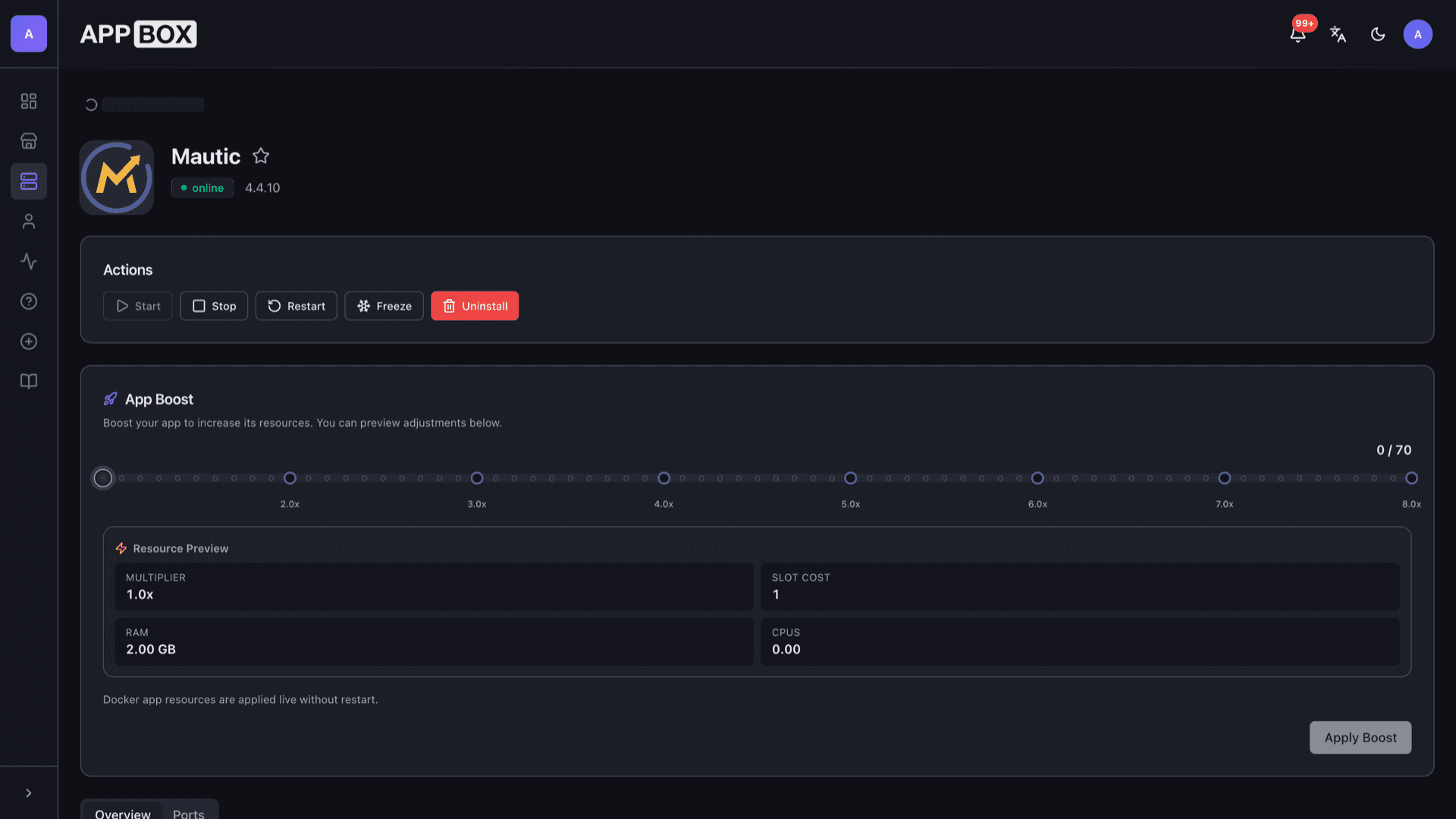 Appbox installed app page for Mautic showing online status, actions, app boost, and Web UI link