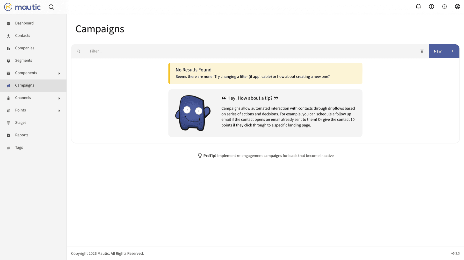 Mautic Campaigns list after sign-in with filters and new campaign action