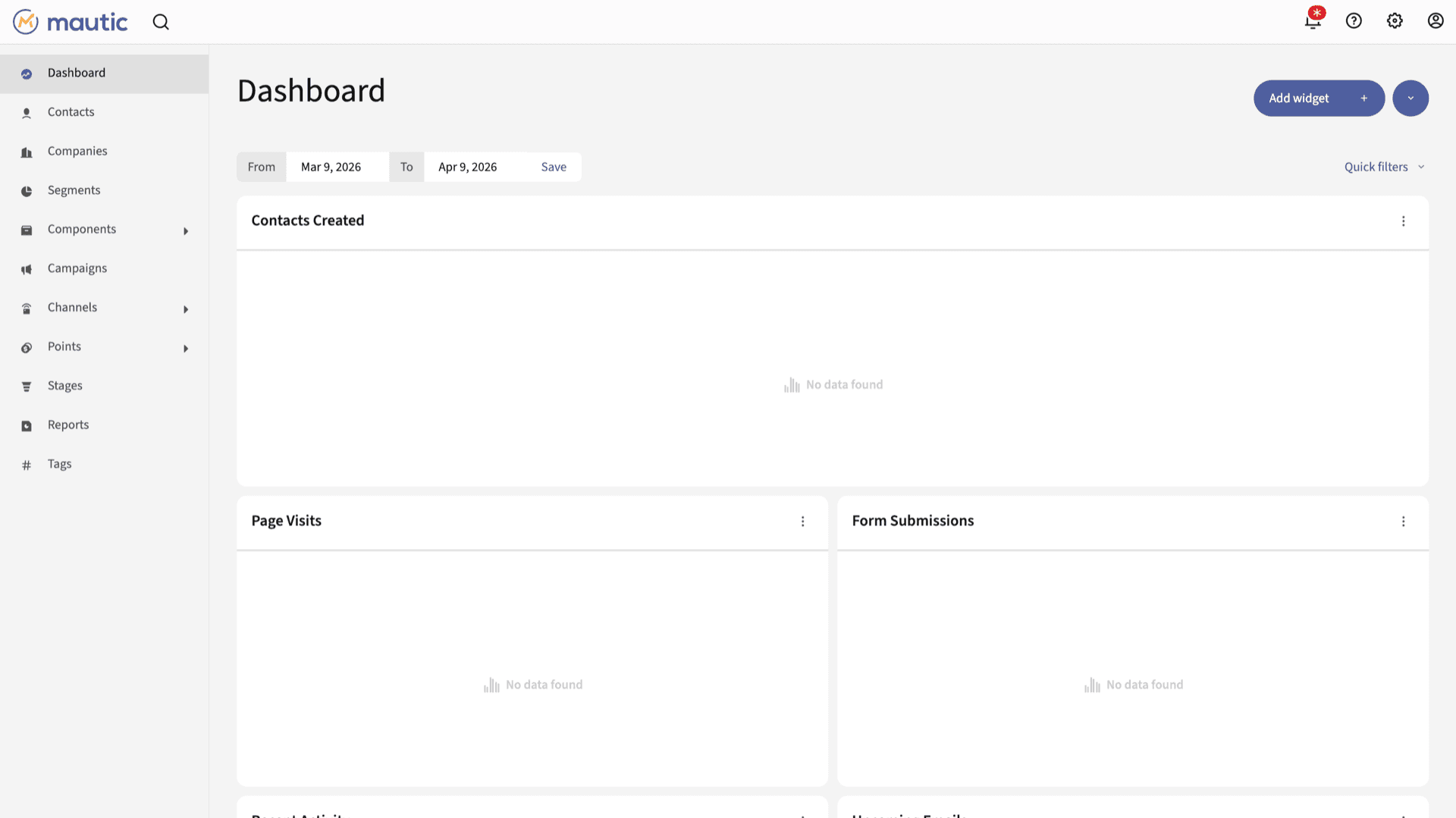 Mautic dashboard after sign-in with sidebar navigation and widget layout