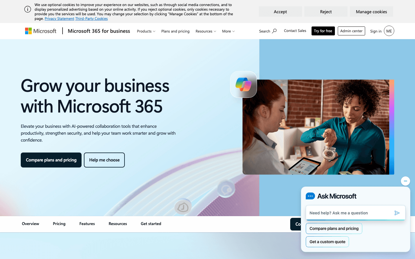 Microsoft 365 business public product page captured for comparison context