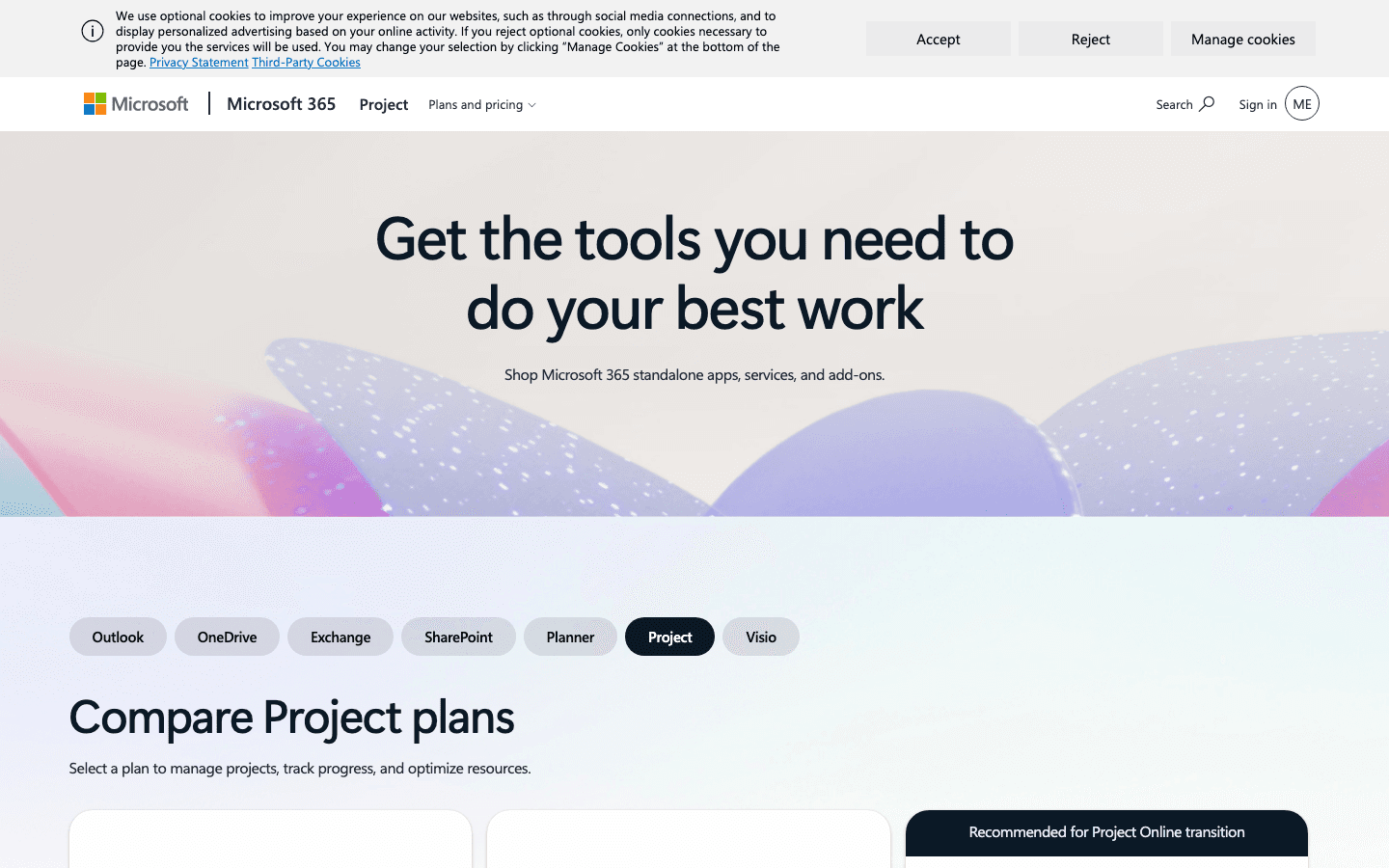 Microsoft Project public product page captured for comparison context