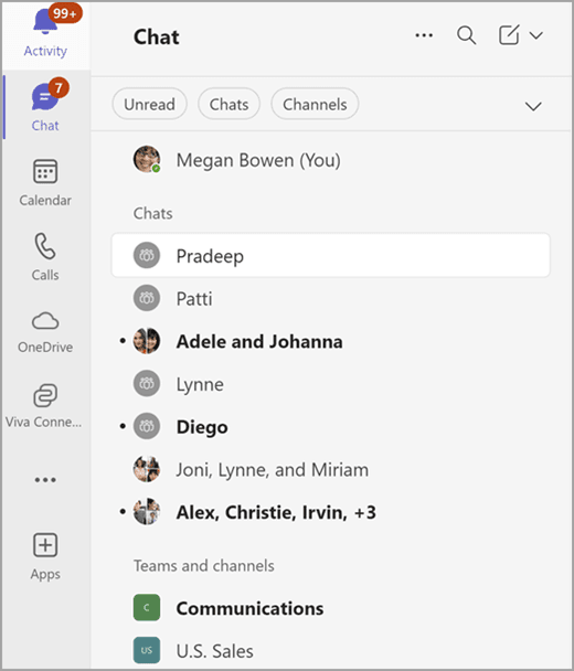 Microsoft Teams combined chat and channels view with favorites, chats, and teams sections