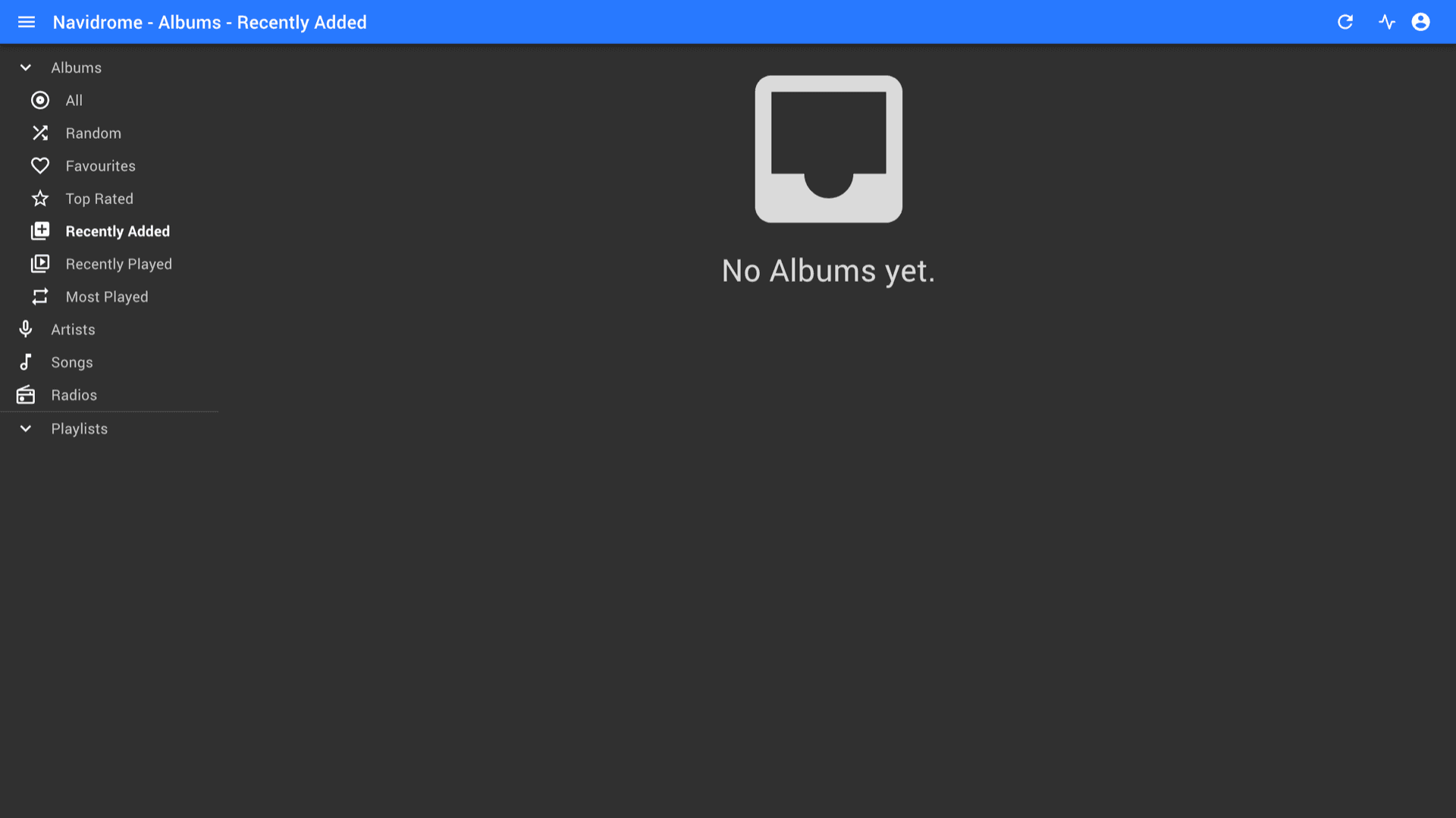 Navidrome web UI after sign-in showing the Albums sidebar and Recently Added view