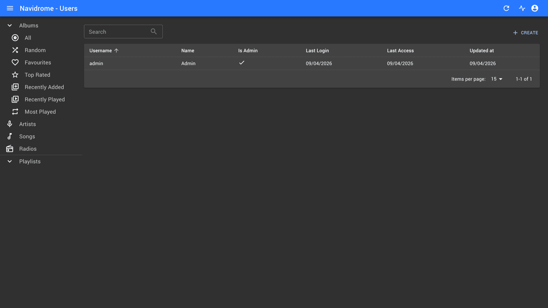 Navidrome admin Users table listing accounts, admin flag, and last login