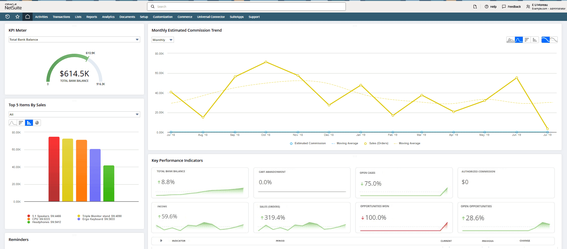 NetSuite home dashboard with portlets for reminders, shortcuts, KPIs, and recent records
